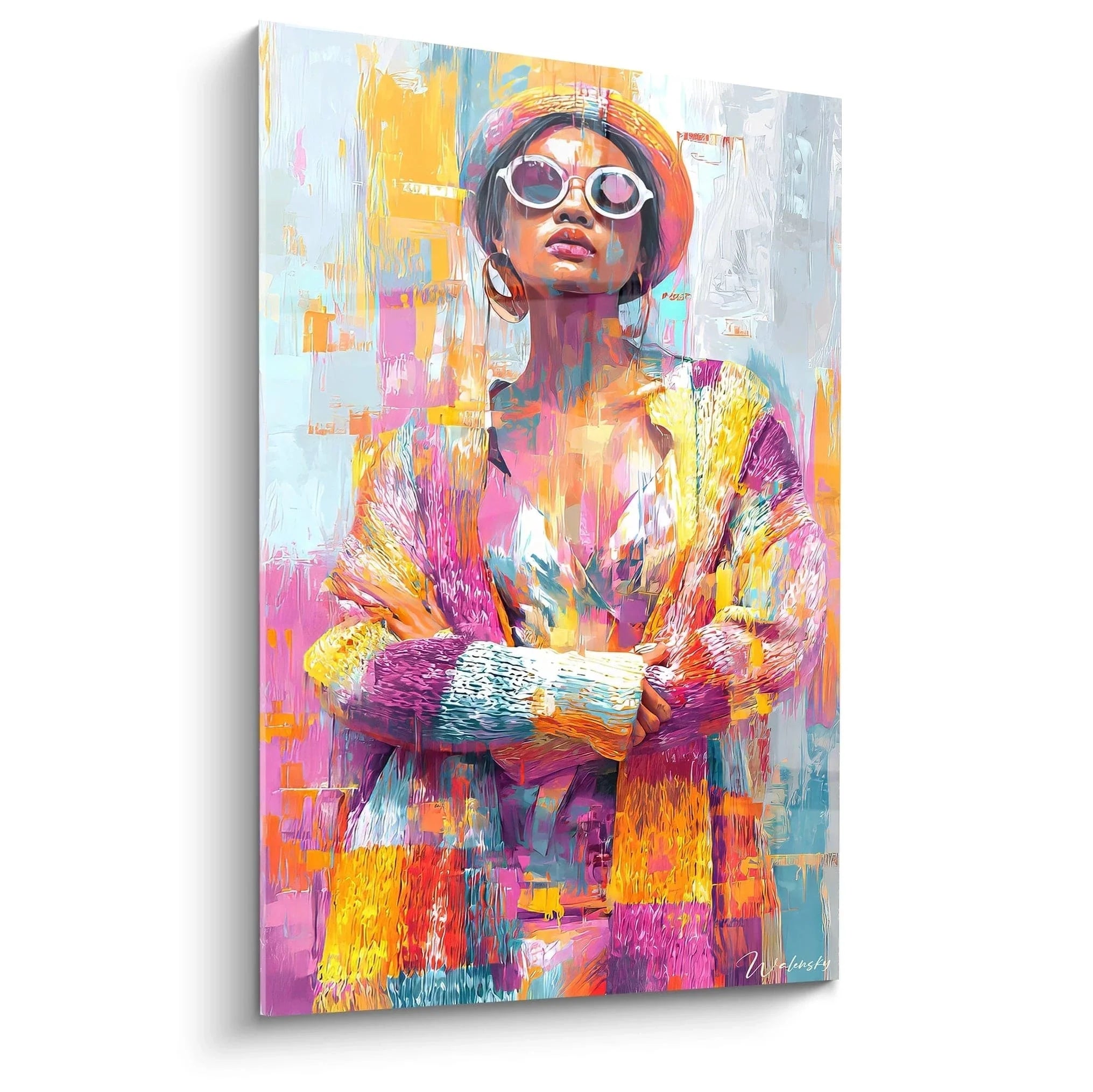 Wandbild Pop Art Frau mit Sonnenbrille in bunten Farben - Vintage Mode Dekoration für Wohnzimmer