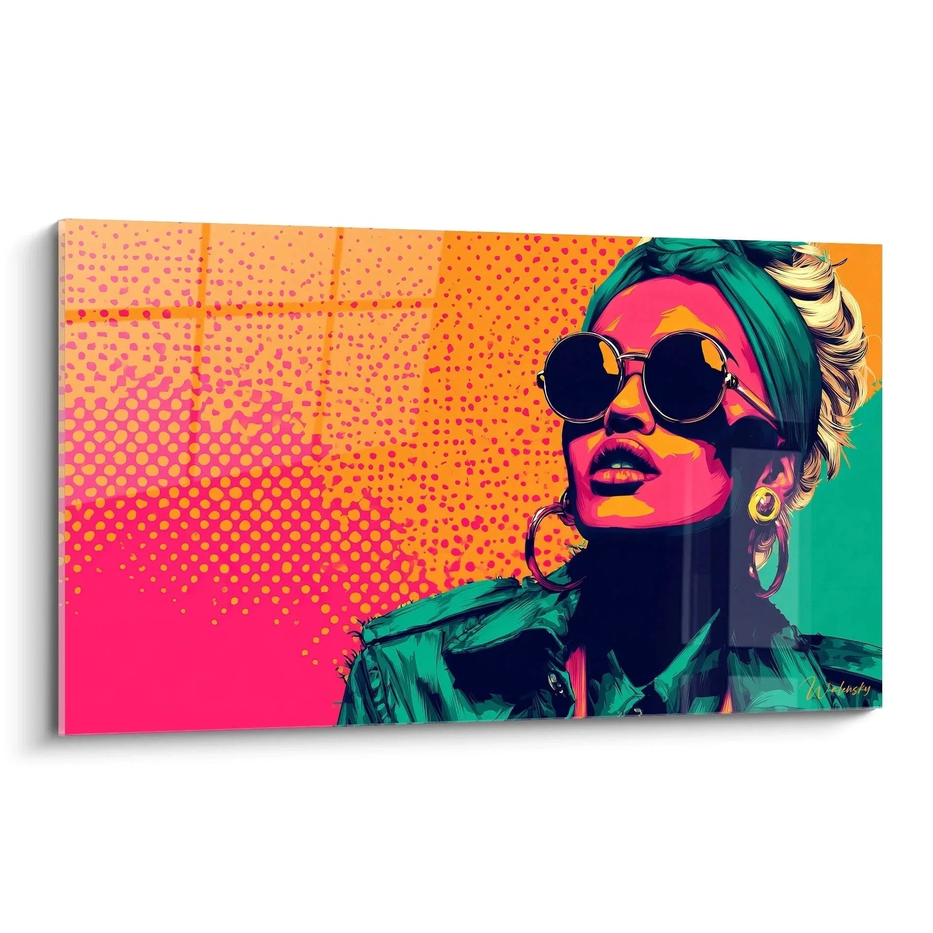 Pop Art Wandbild Frau mit Vintage Sonnenbrille in leuchtenden Retro Farben