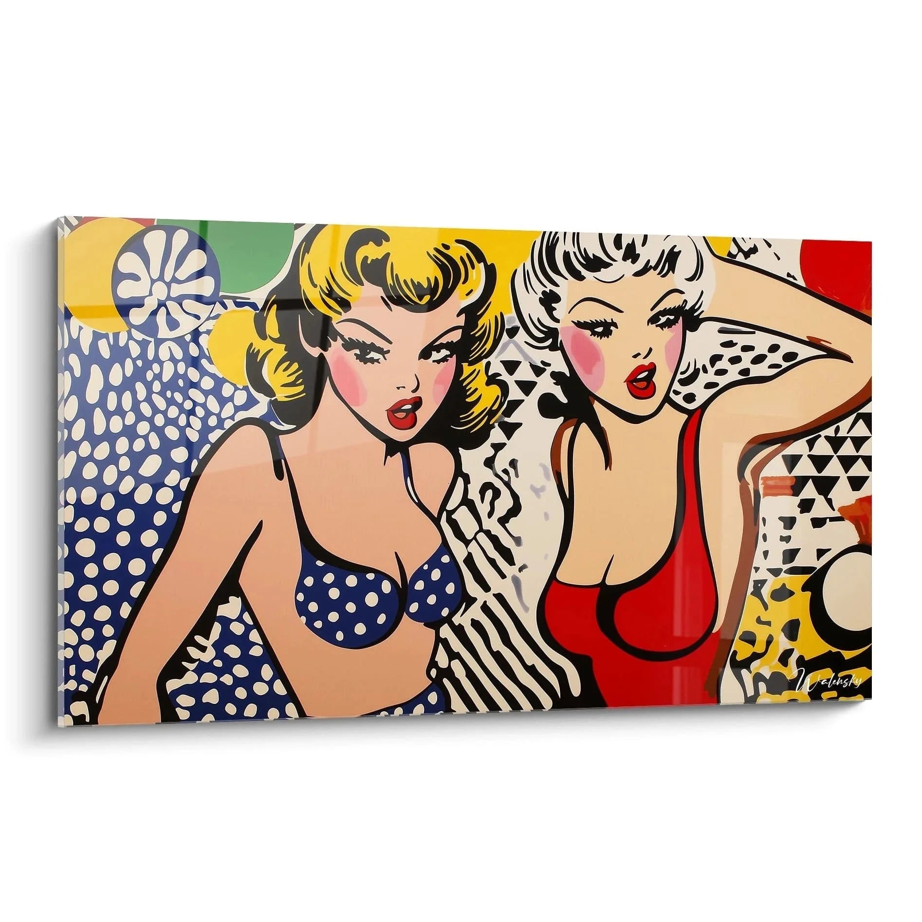 Pop Art Wandbild mit zwei Pin-Up Girls im Retro Stil, blaue Polka-Dots und rote Bademode