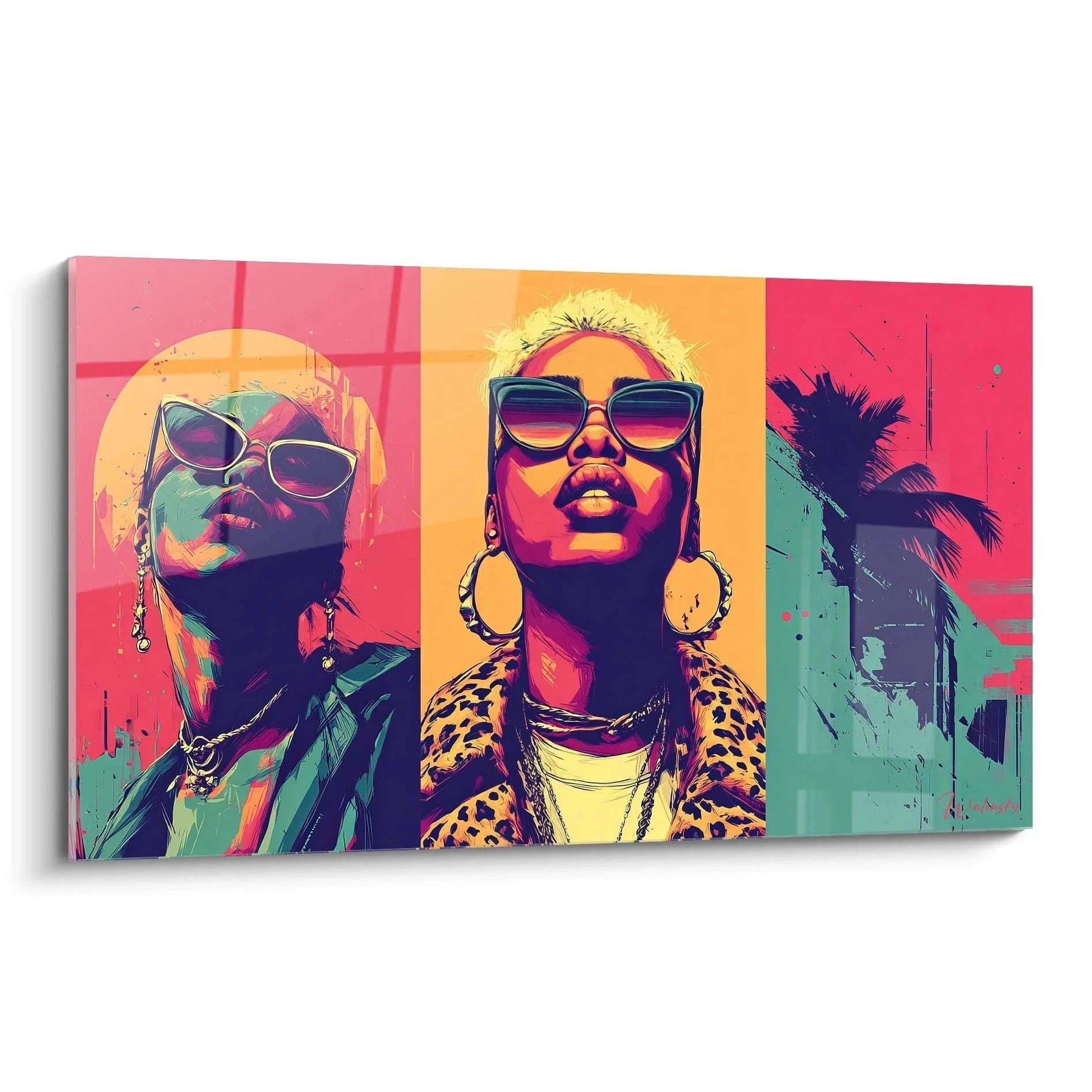 Wandbild Pop Art drei Frauen im Retro 80er Jahre Style mit Neon Farben und Vintage Mode Elementen
