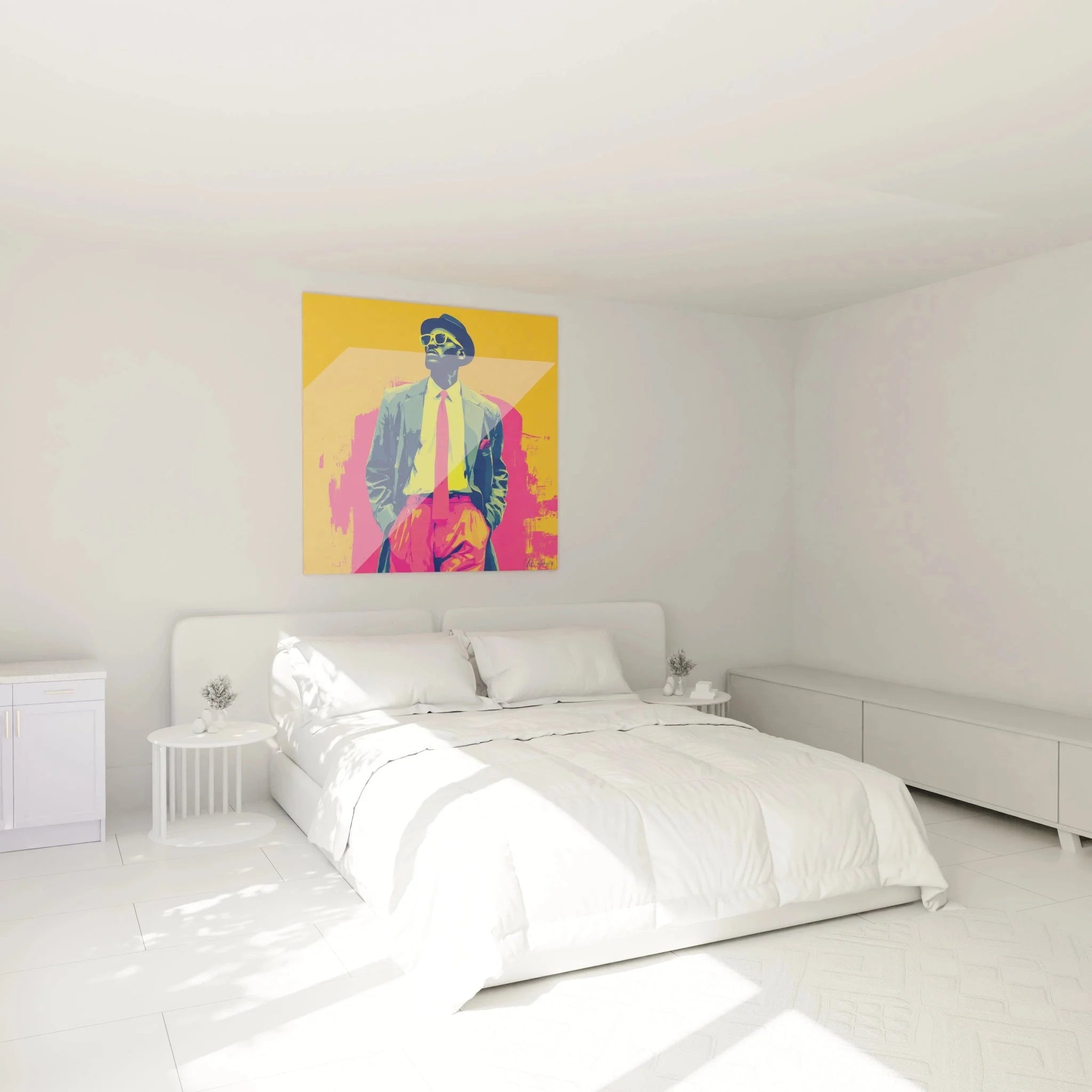 Wandbild Pop-Art Gentleman im Schlafzimmer Ambiente mit modernem Vintage Mode Design