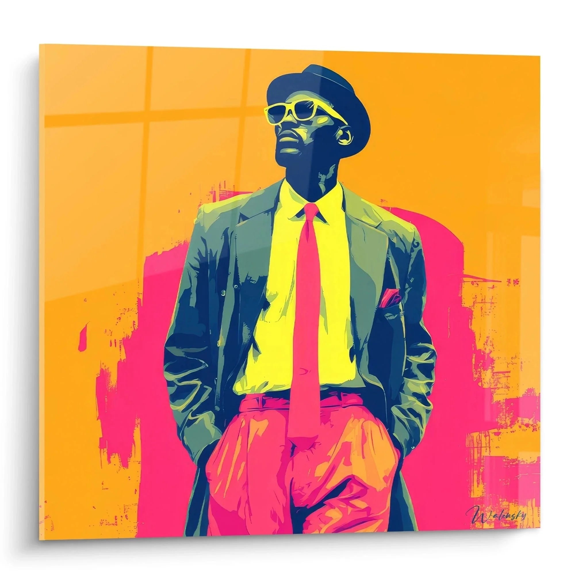 Wandbild Pop-Art Mann im Anzug mit Sonnenbrille und Hut in leuchtenden Neon-Farben Vintage Mode