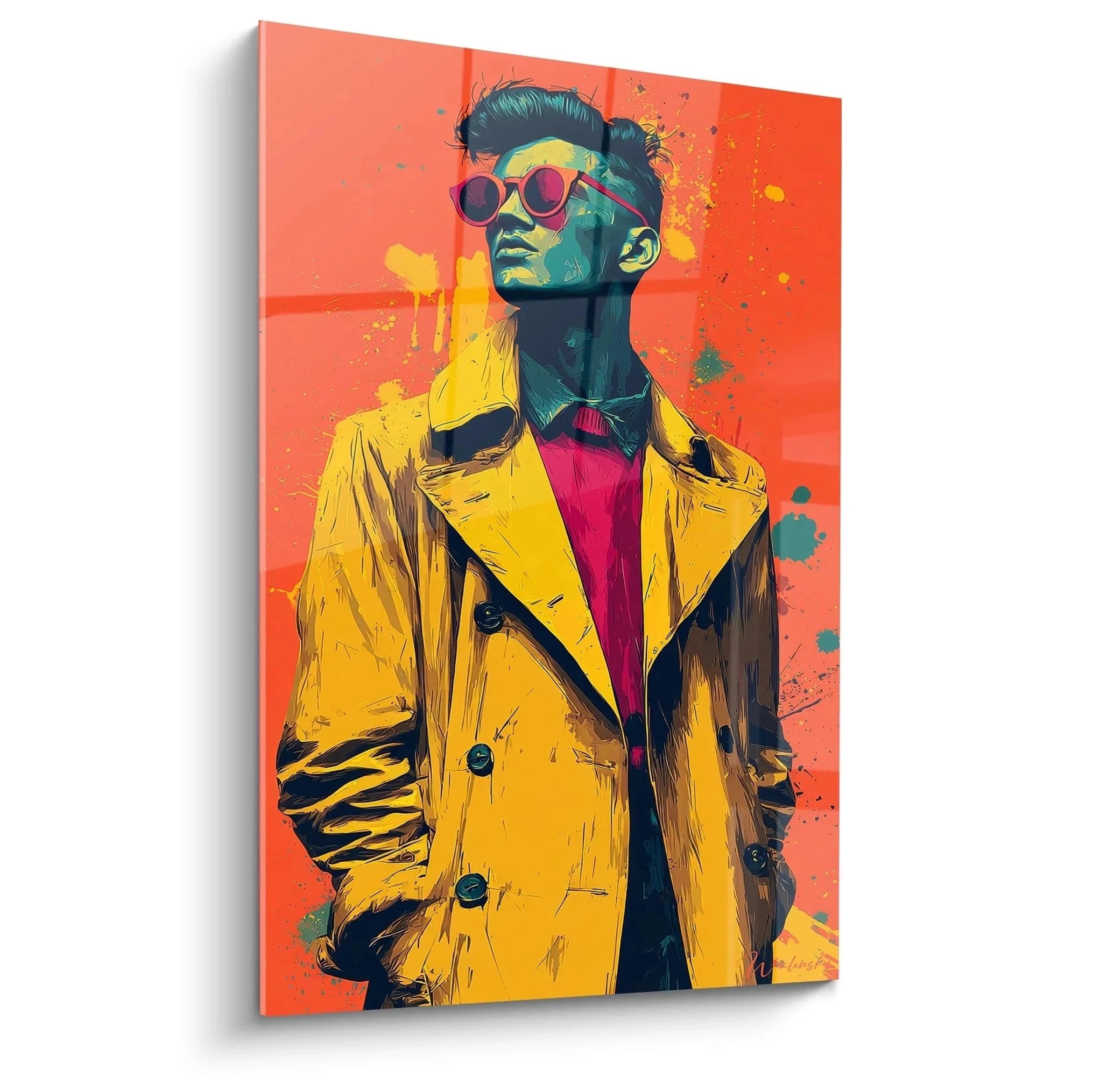 Wandbild Pop Art Retro Mann mit roter Sonnenbrille und gelbem Trenchcoat im Vintage Stil