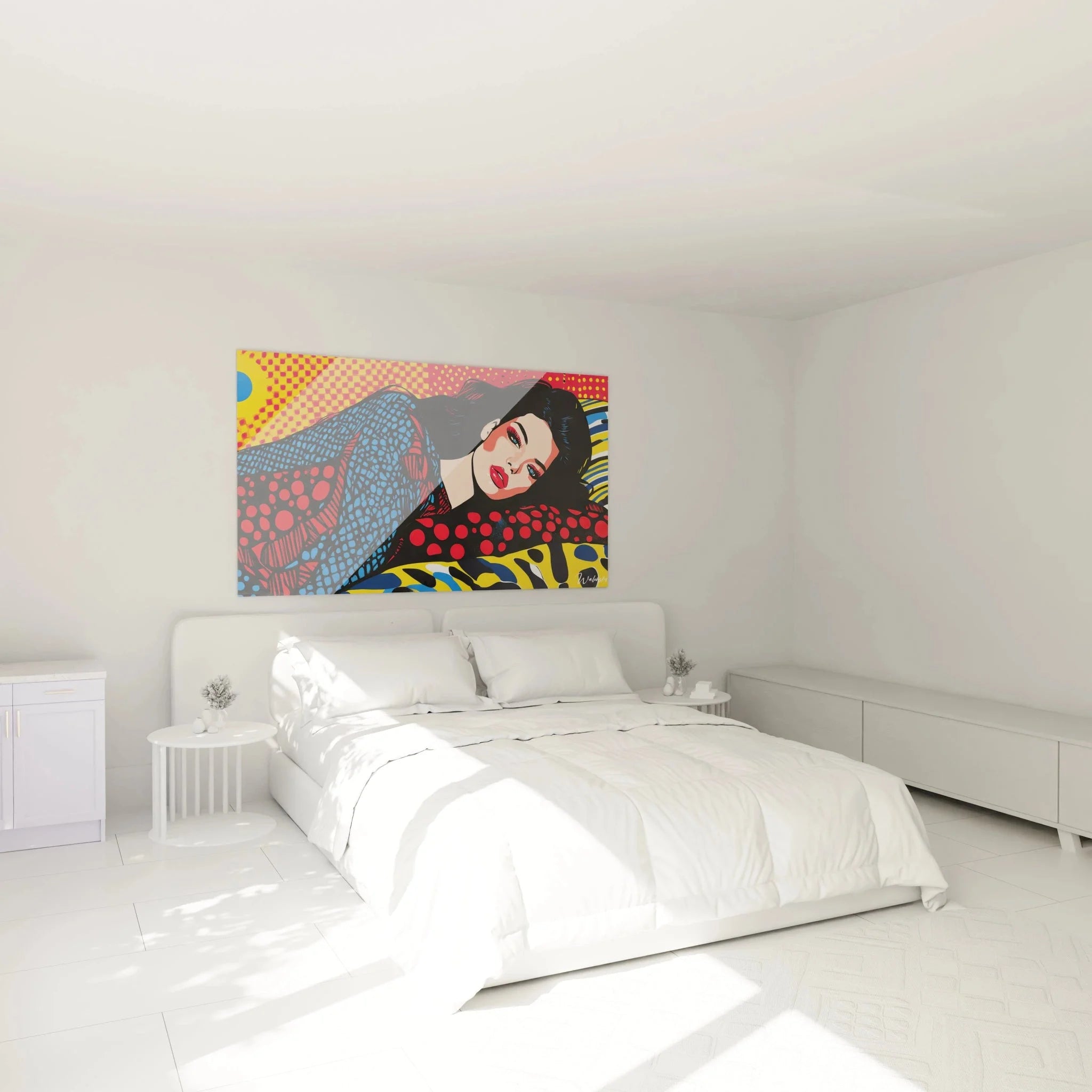 Modernes Pop-Art Wandbild Frau in Schlafzimmer-Ambiente mit stilvollen Möbeln