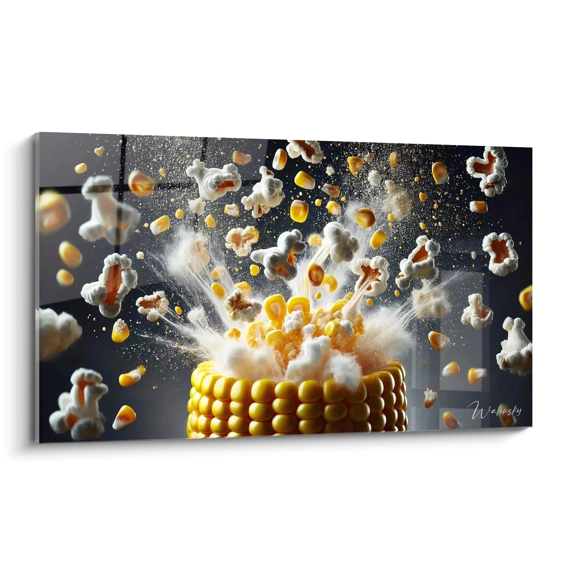 Wandbild Popcorn Explosion mit goldenen Maiskörnern und weißen Popcorn für Küche Dekoration