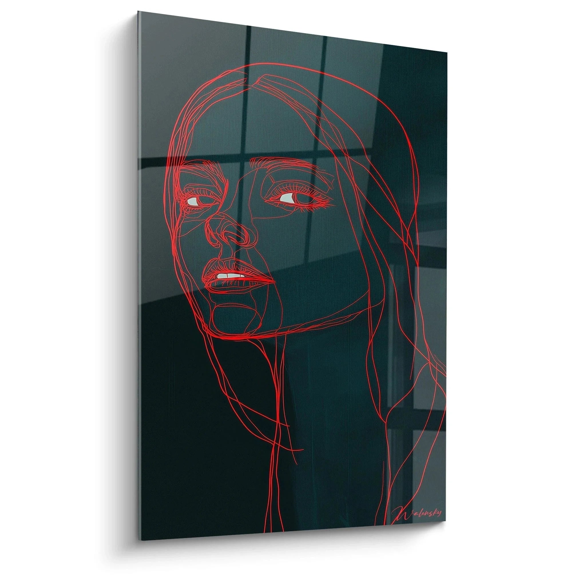 Wandbild Porträt mit roten Linien im Modigliani Stil, moderne Linienkunst auf reflektierendem Hintergrund