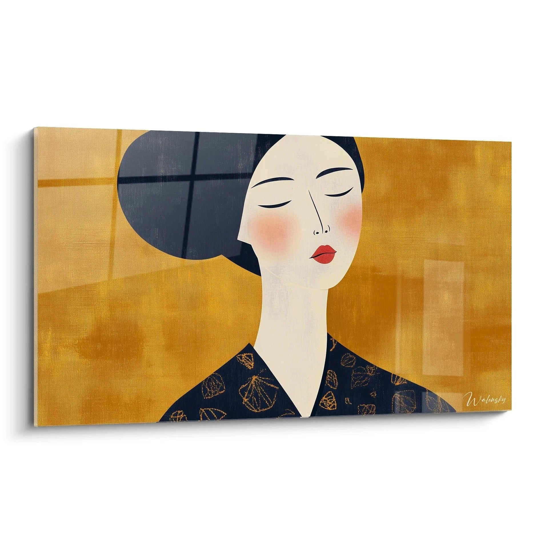 Wandbild Portrait elegante Dame Modigliani Stil goldgelber Hintergrund schwarzes Haar rote Lippen