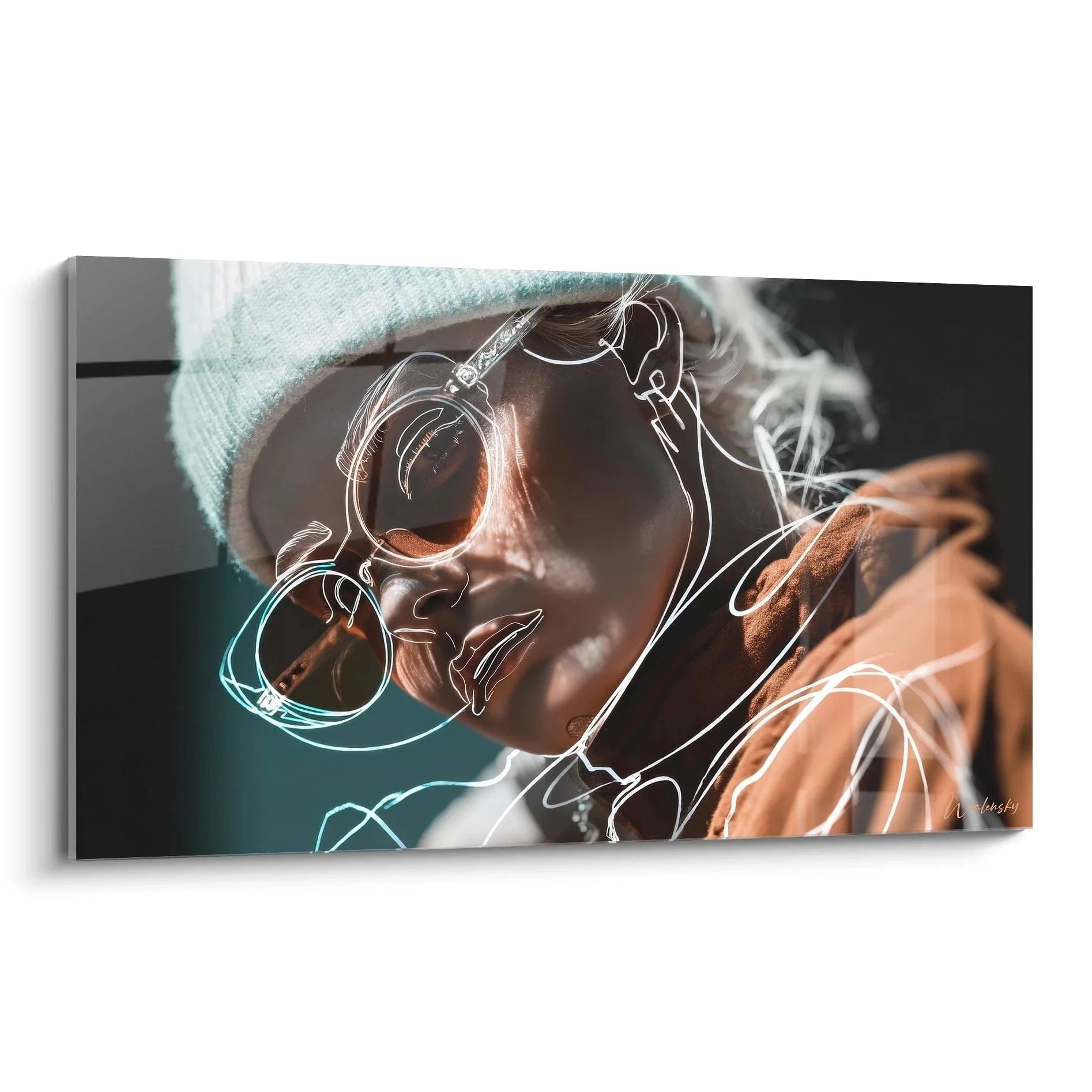 Wandbild Portrait Frau mit modernen türkisfarbenen Linien - Edition Modeillustration für stilvolle Wanddekoration