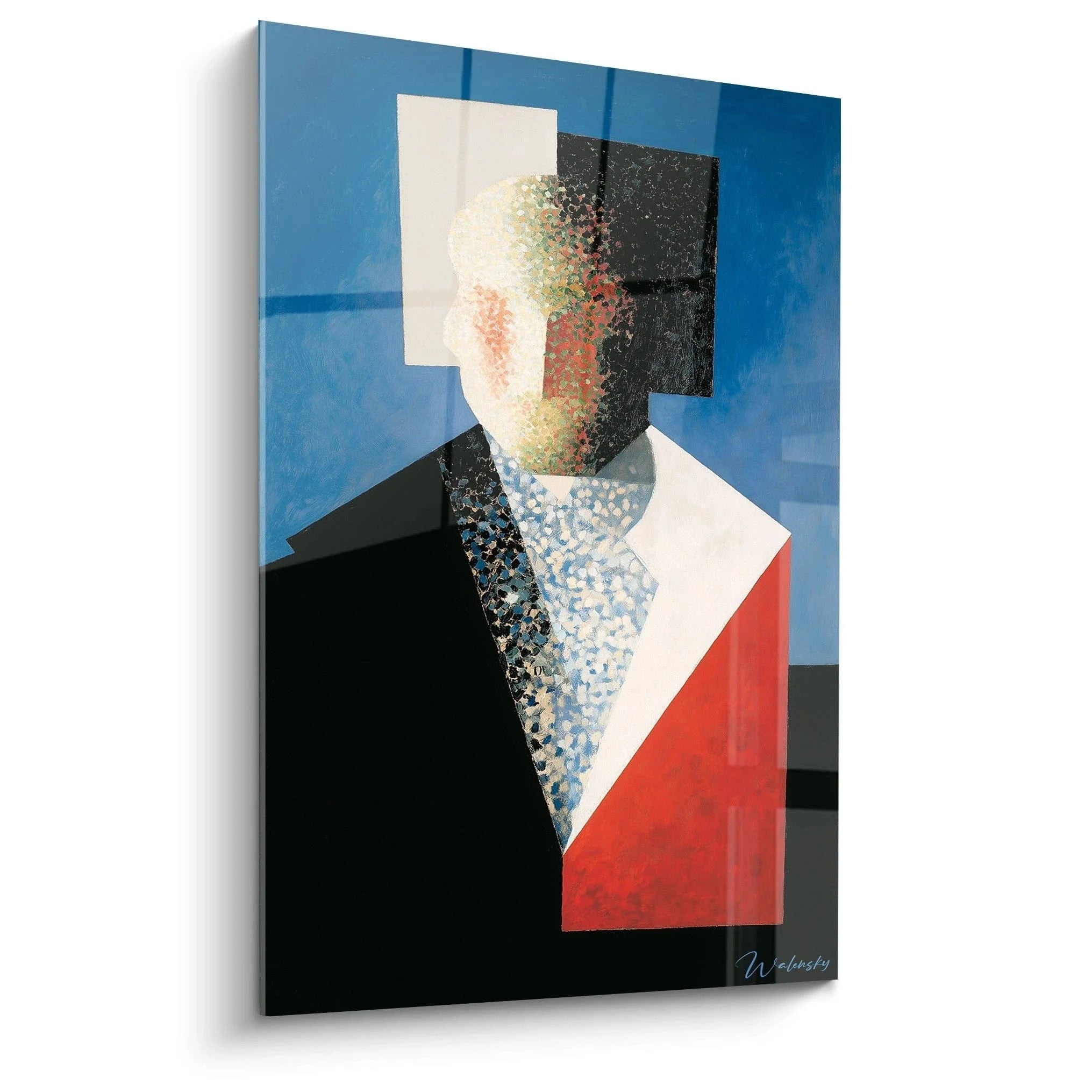 Konstruktivistisches Wandbild Portrait mit geometrischen Formen in Blau, Rot und Schwarz - abstrakte Wandkunst