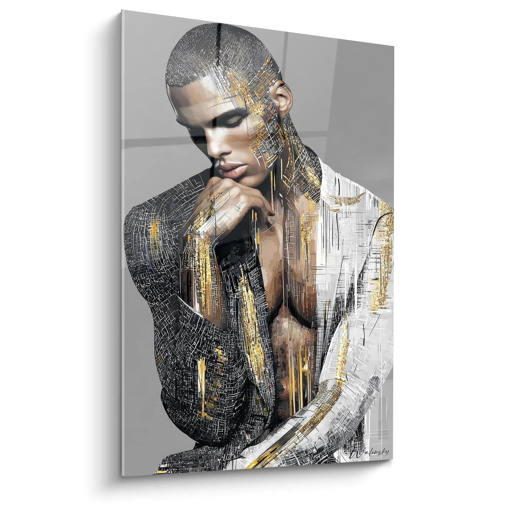 Wandbild Portrait Mann abstrakt mit goldenen geometrischen Linien - Männliche Schönheit Edition