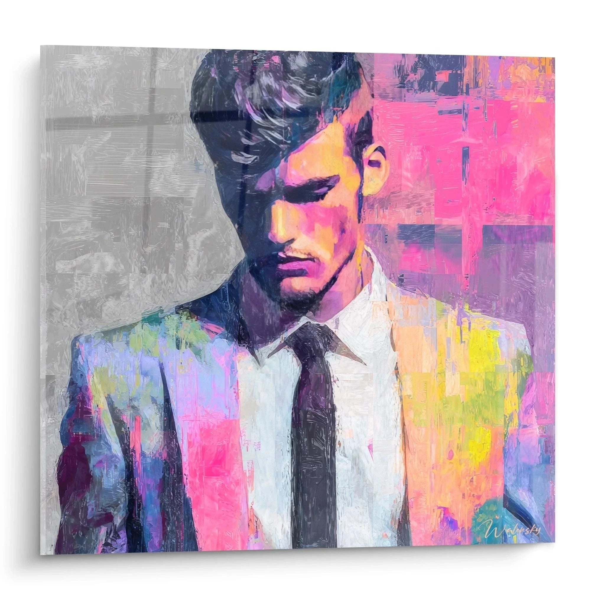 Wandbild Portrait eleganter Geschäftsmann Vintage Mode mit bunten Pop Art Farben und grauer Hintergrund