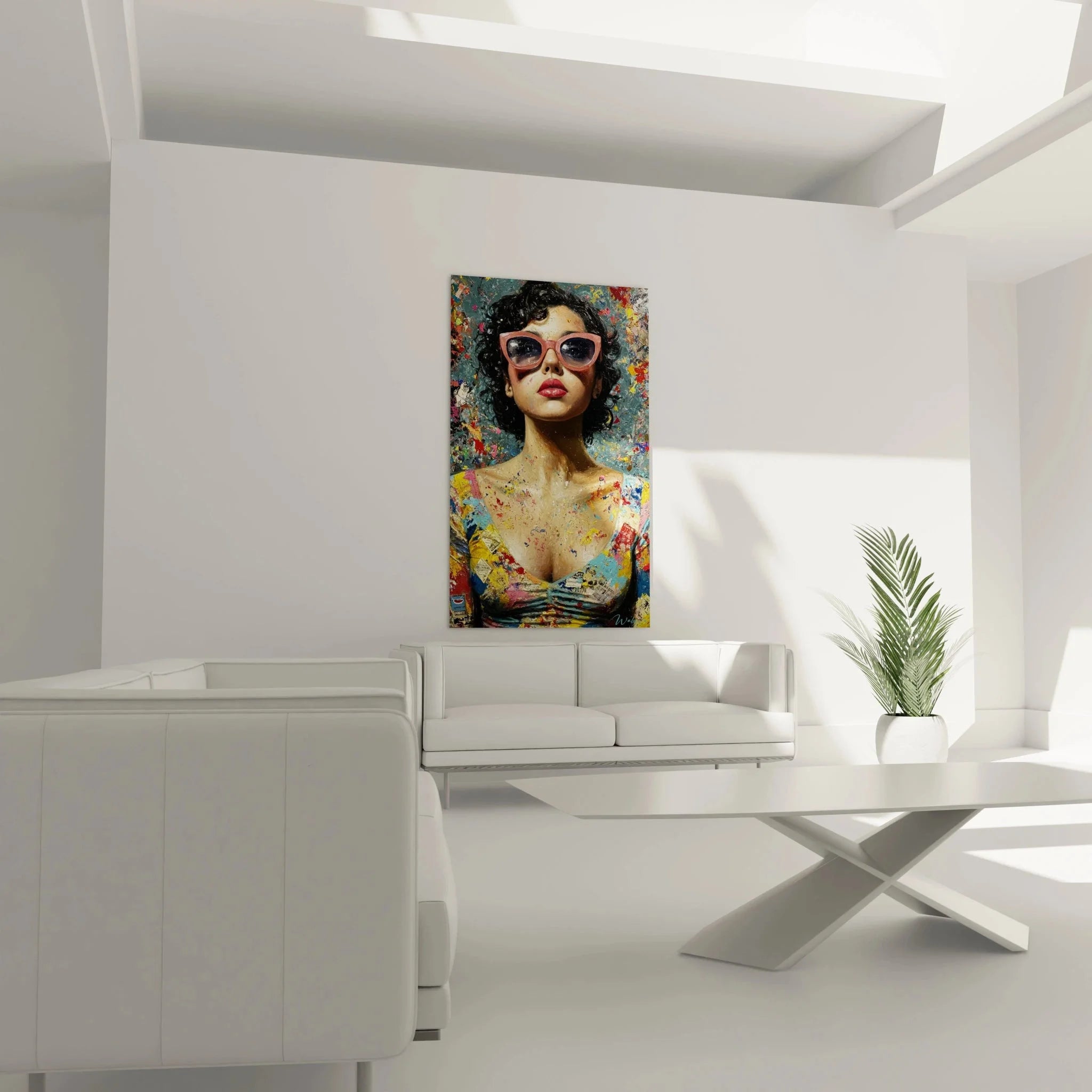 Detailansicht Wandbild Portrait Streetwear zeigt realistische Malerei mit rosa Sonnenbrille und Farbspritzer