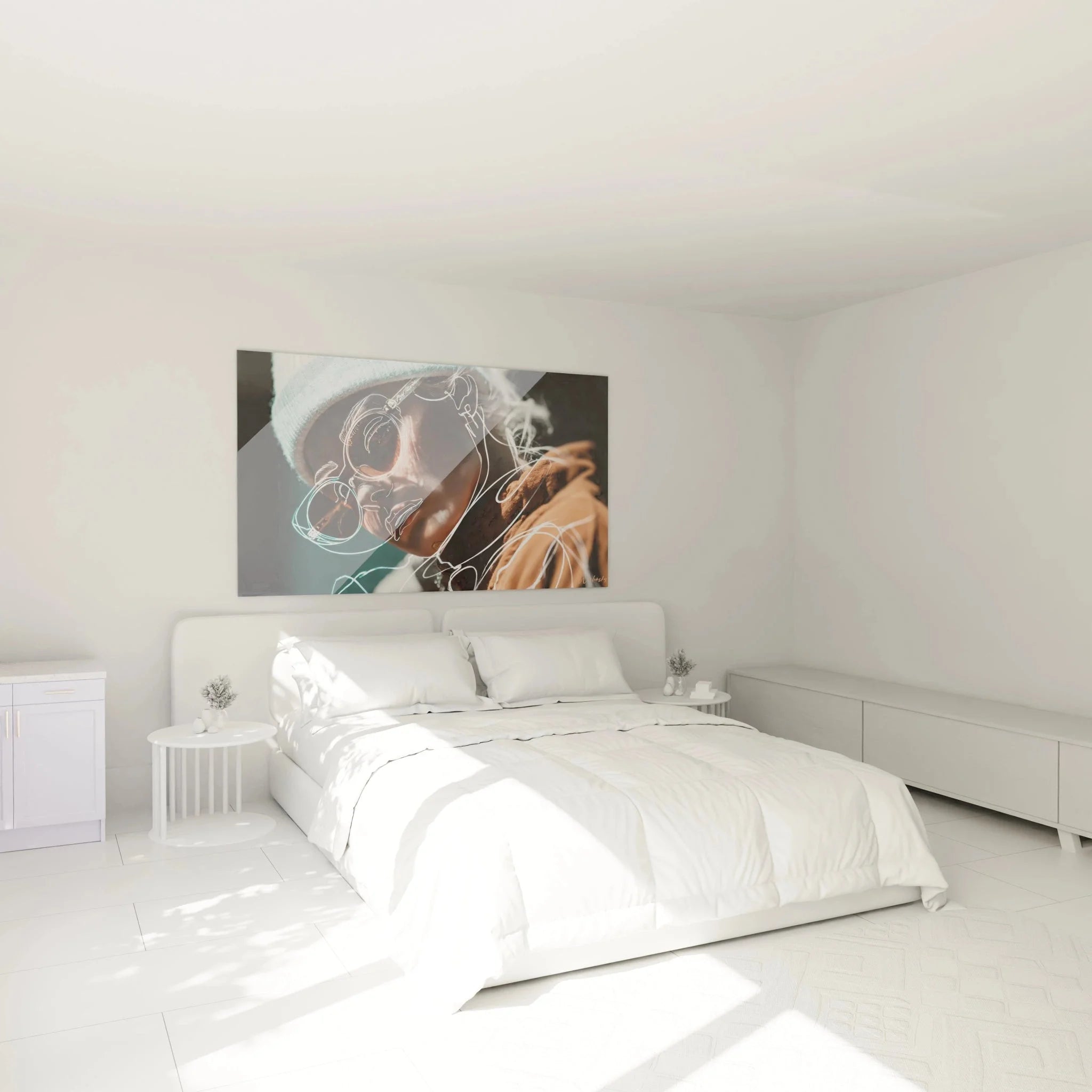 Modernes Wandbild Portrait im Schlafzimmer - elegante Modeillustration als Wanddekoration über dem Bett