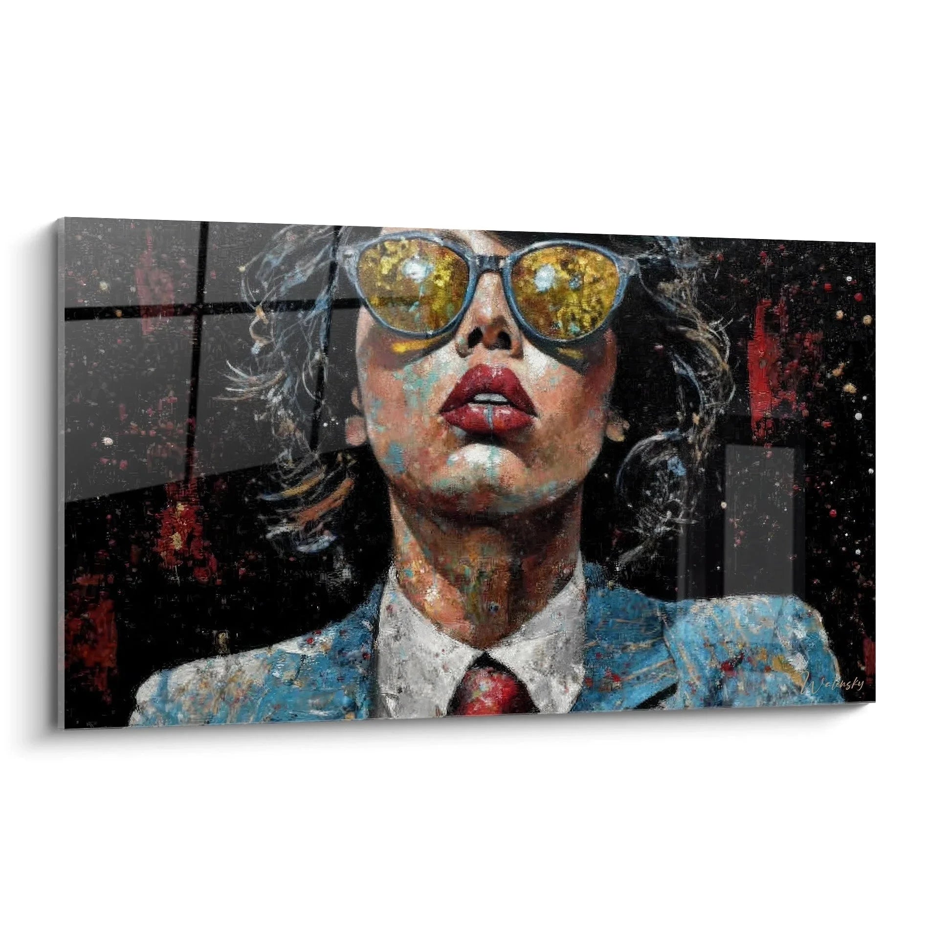 Wandbild Portrait mit goldener Sonnenbrille und roter Krawatte im Street-Art Stil