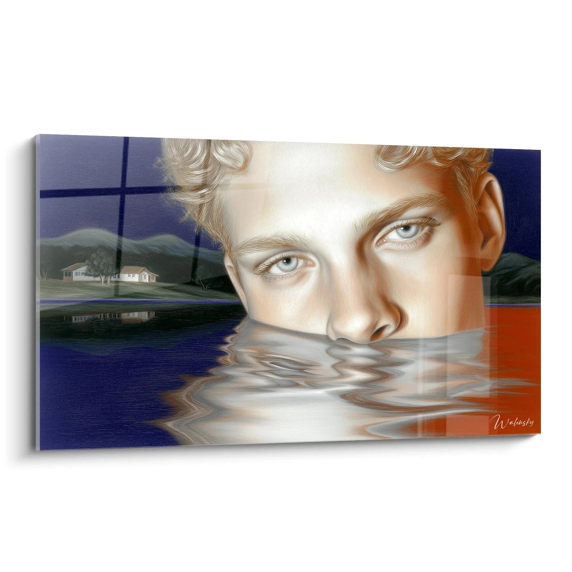 Hyperrealistisches Wandbild Portrait mit Wasserspiegelung in Orange und Blau Tönen - Edition Hyperrealismus