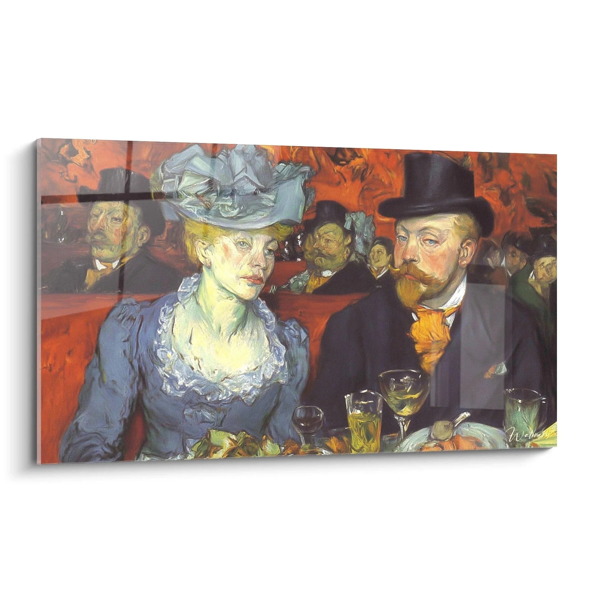 Wandbild Postimpressionismus zeigt elegantes Paar in blauem Kleid und Zylinderhut im mondänen Café der Belle Époque