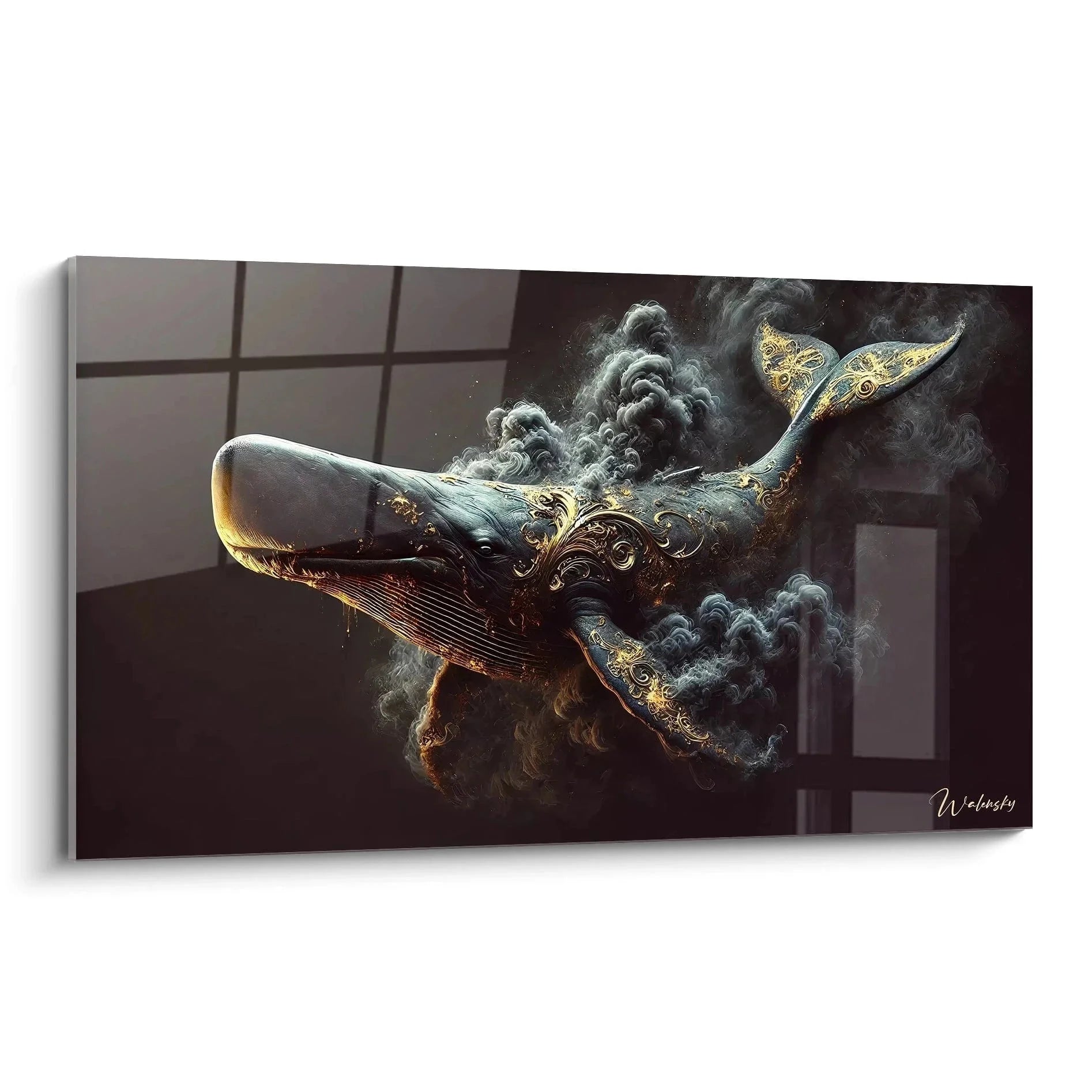 Wandbild Pottwal mit barocken Ornamenten und goldenen Verzierungen in Rauchwolken