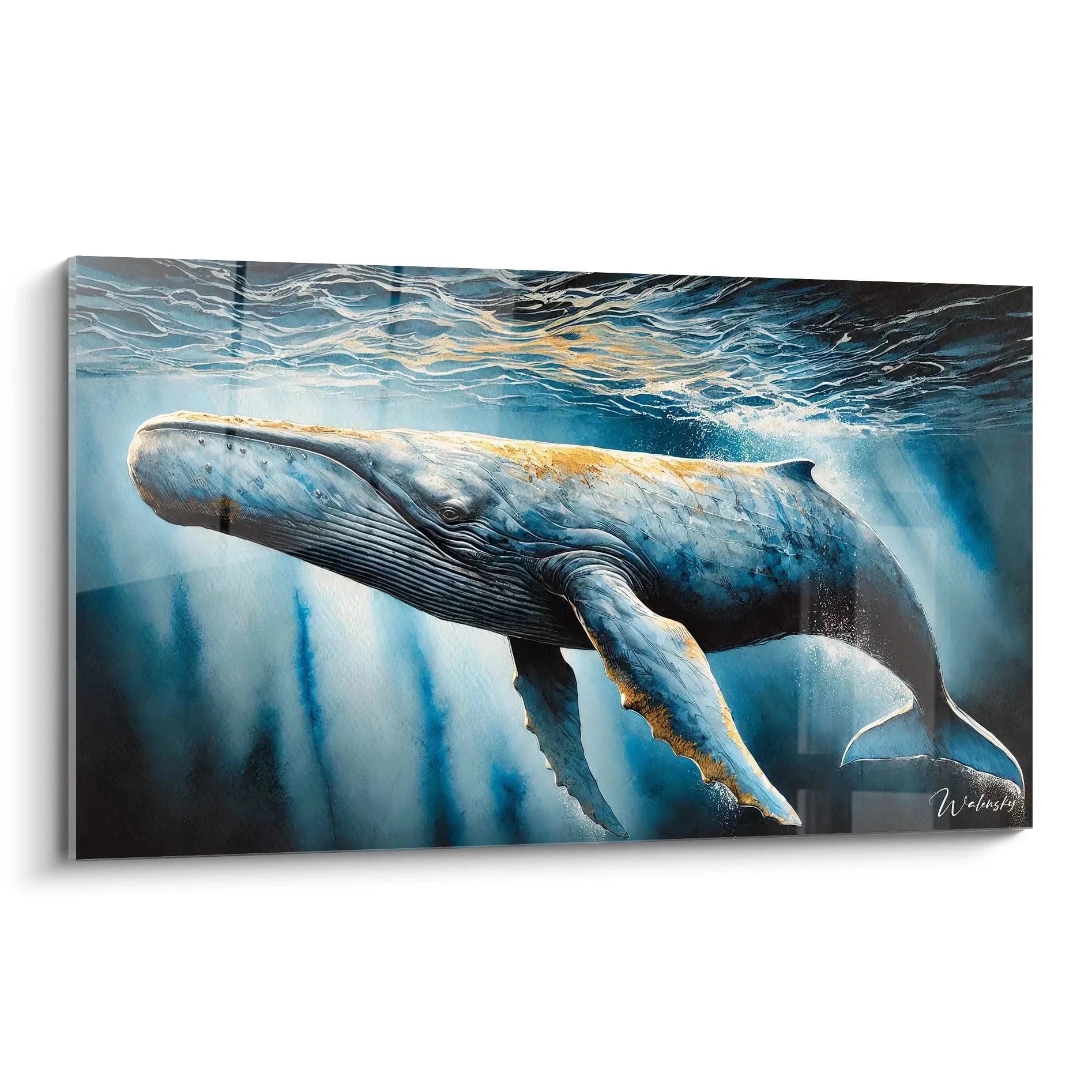 Wandbild Pottwal zeigt majestätischen Buckelwal unter Wasser in türkisblauem Ozean mit Sonnenstrahlen