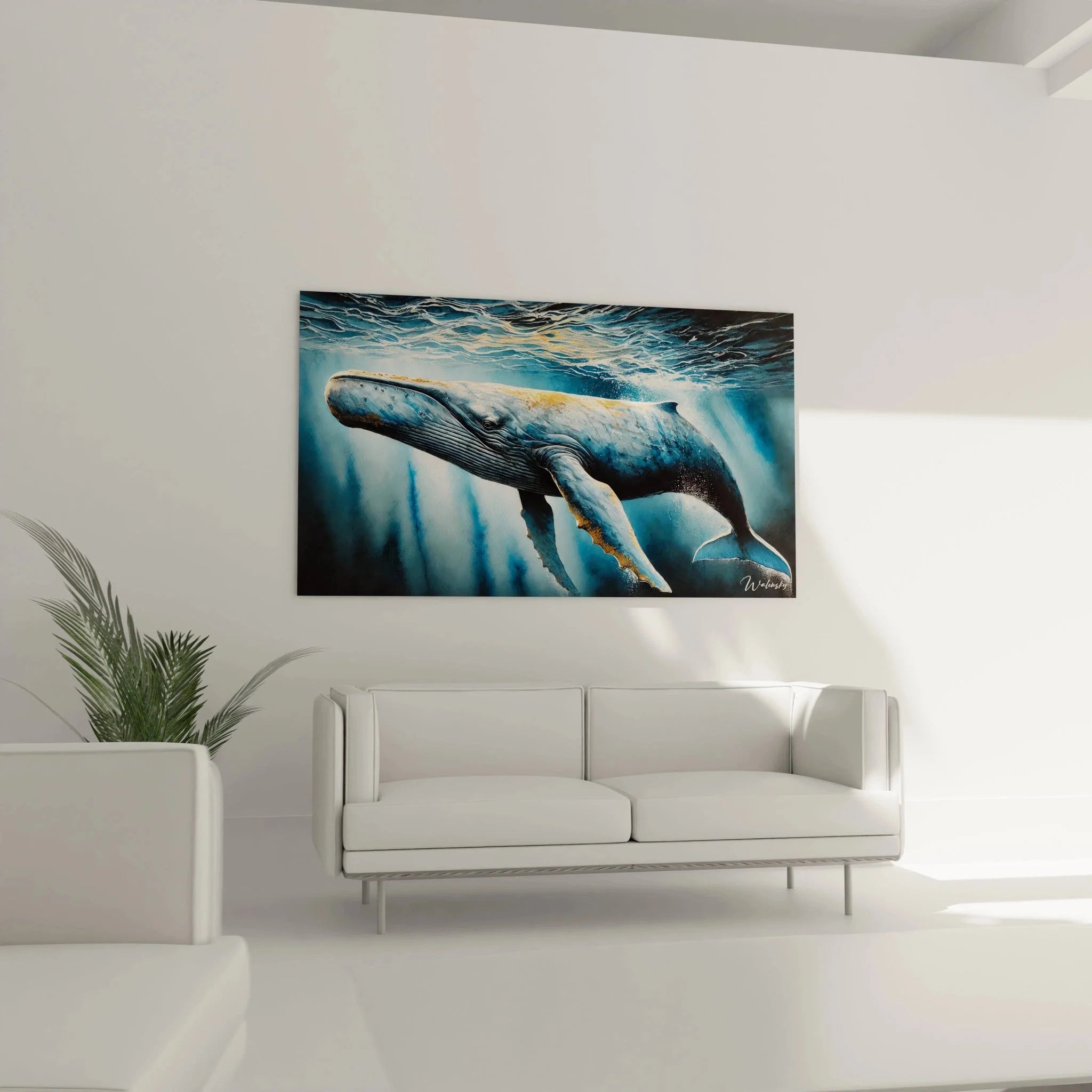 Detailaufnahme Wandbild Pottwal zeigt realistische Walhaut Textur und Flossen des Meeressäugers