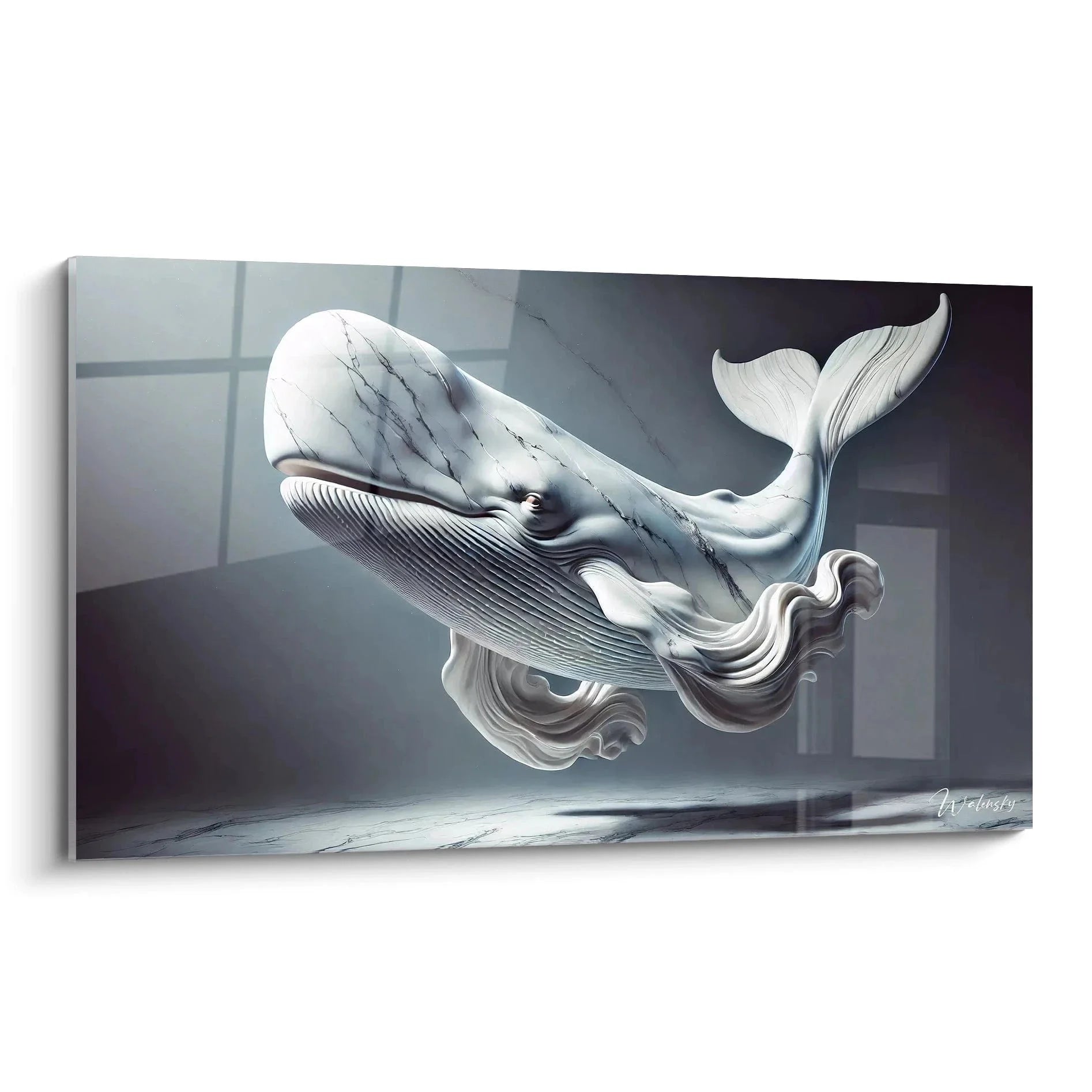 Spektakuläres Wandbild Pottwal schwebend in modernem Raum mit Wasserstrudeln - Edition Pottwal XXL Kunstwerk