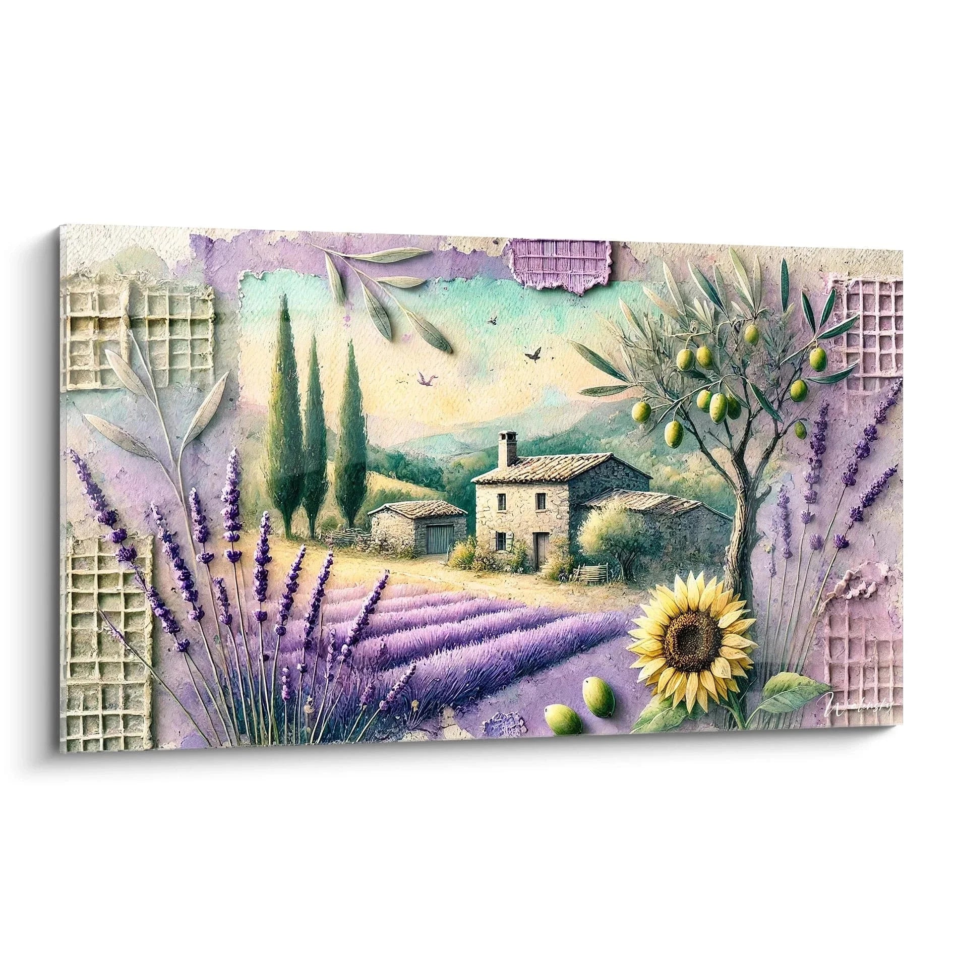 Wandbild Provence Landschaft mit Lavendelfeldern, Steinhaus und Olivenbaum in violetten und grünen Farbtönen