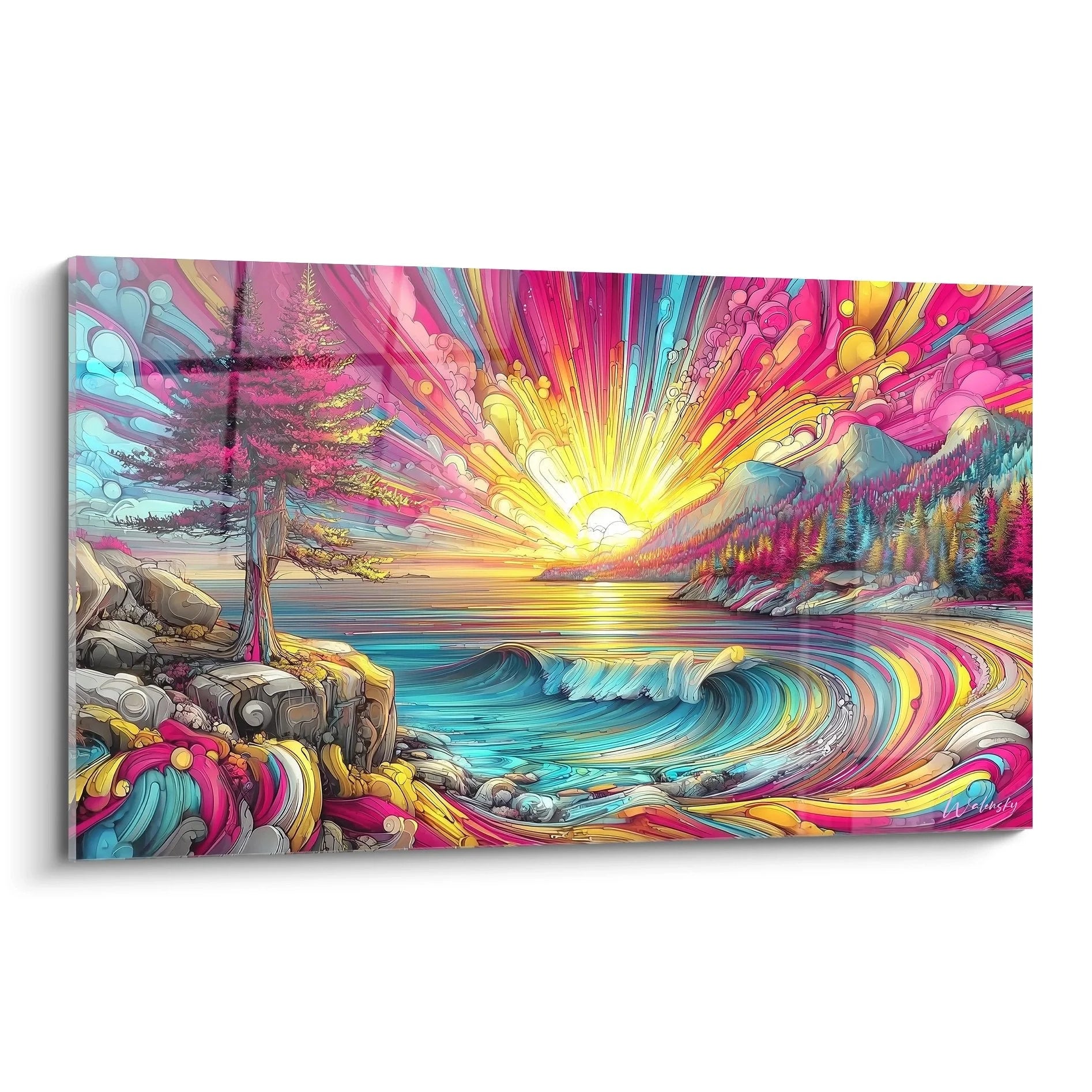 Wandbild psychedelische Küstenlandschaft mit bunten Wellen und Sonnenstrahlen in Pink Türkis Gold
