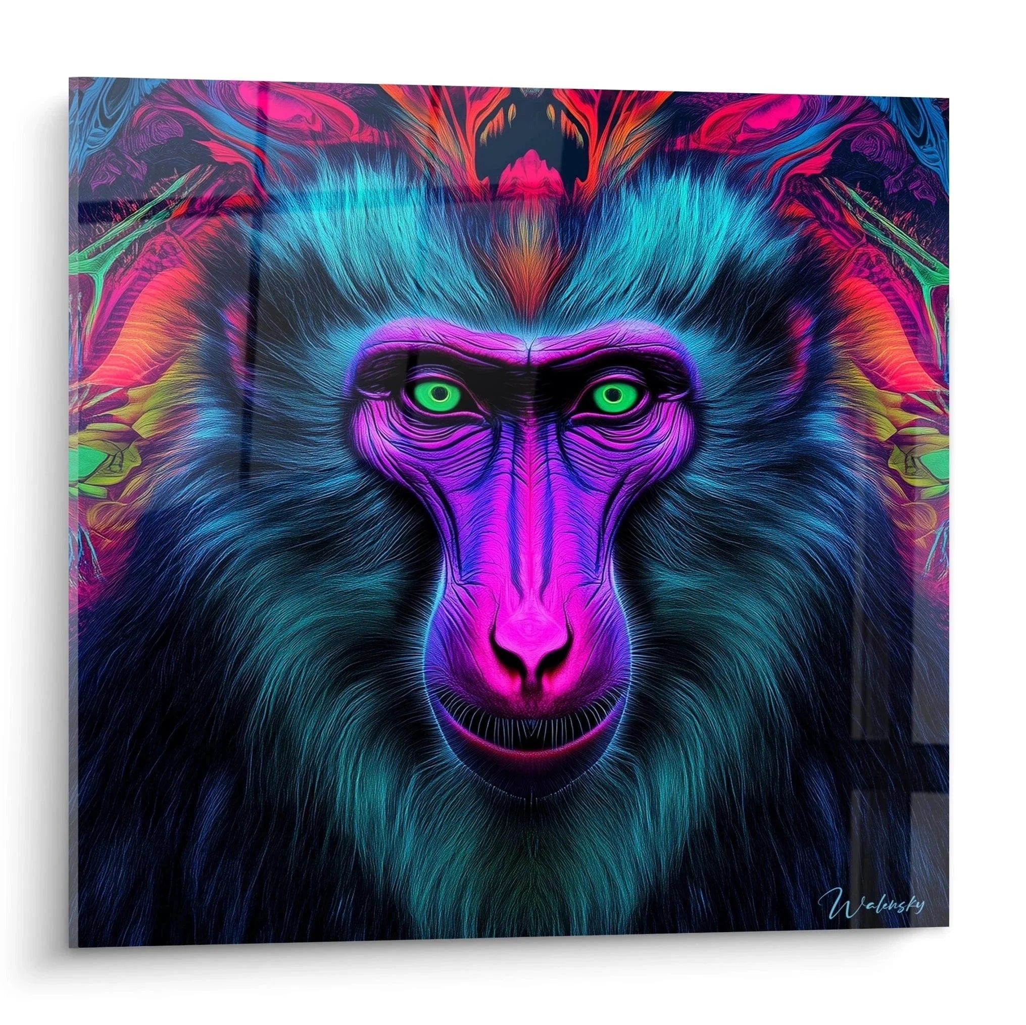 Psychedelisches Wandbild mit Pavian in leuchtenden Neonfarben - moderne Affenkunst für Wohnräume
