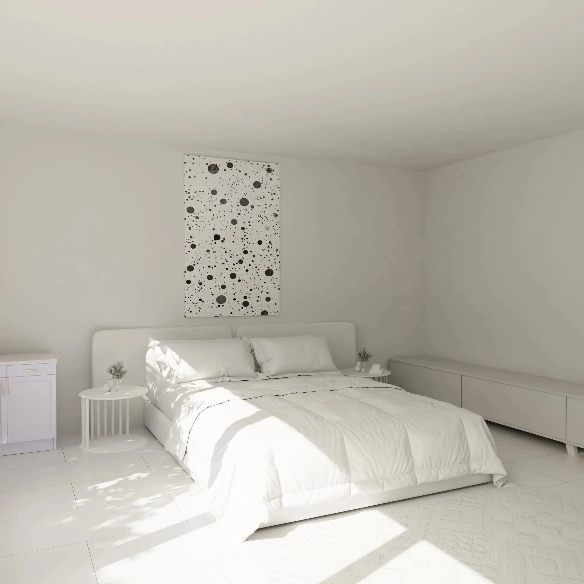 Schwarz-weißes Punktemuster Wandbild in Schlafzimmer-Ambiente, minimalistische Wandkunst Dalmatiner-Design