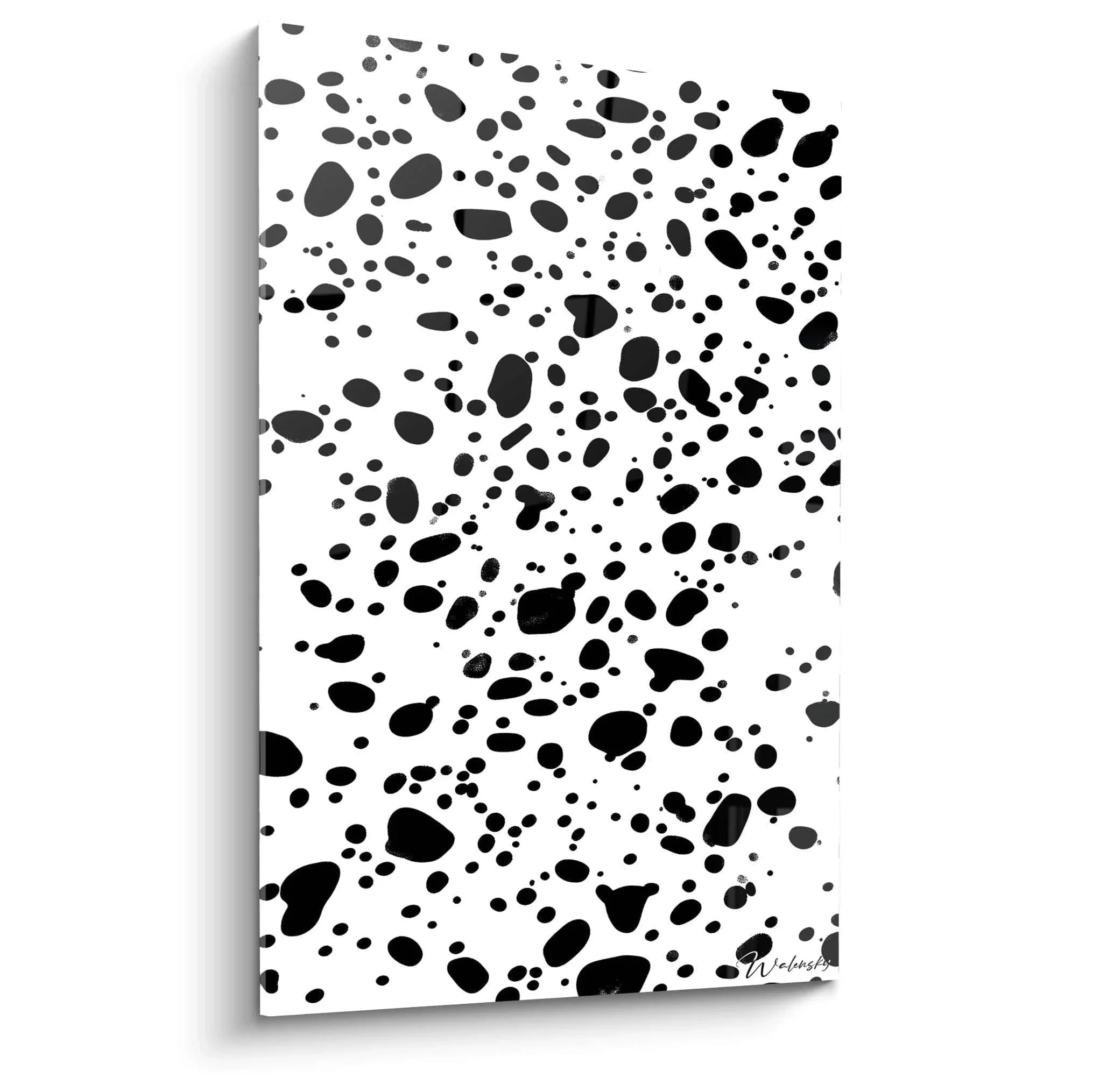 Modernes Wandbild mit abstrakten schwarzen Punkten im Dalmatiner-Stil auf weißem Grund für zeitgenössische Wanddeko