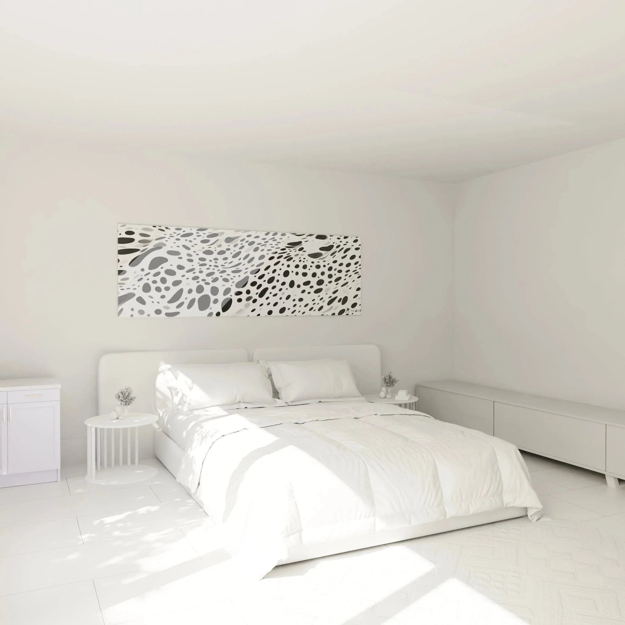 Wandbild abstrakte Punkte im Schlafzimmer, schwarz-weiße Wanddekoration über dem Bett, Dalmatiner-Stil