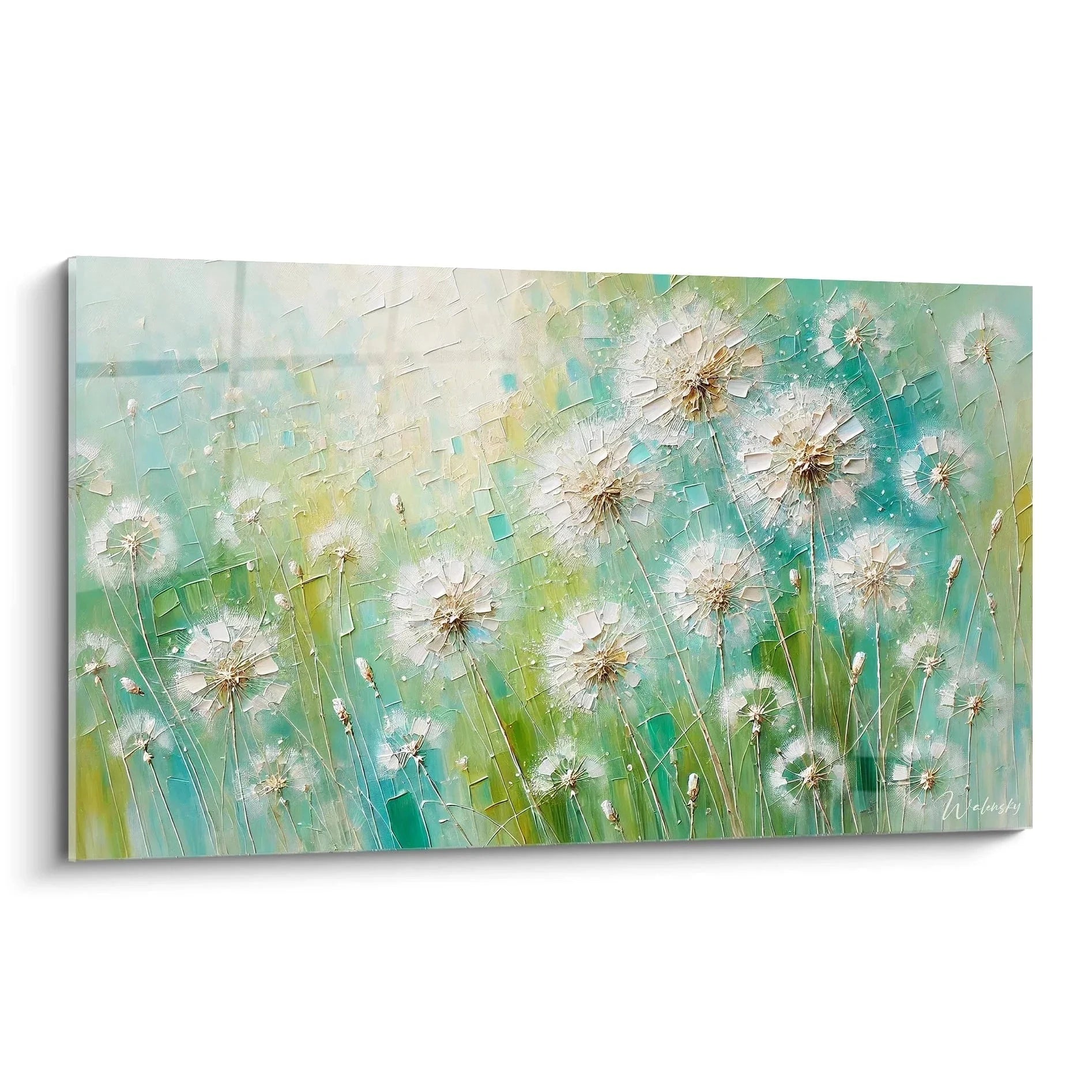 Wandbild Pusteblumen in Türkis und Grün, moderne Frühlingskunst mit abstrakten Löwenzahn Motiven