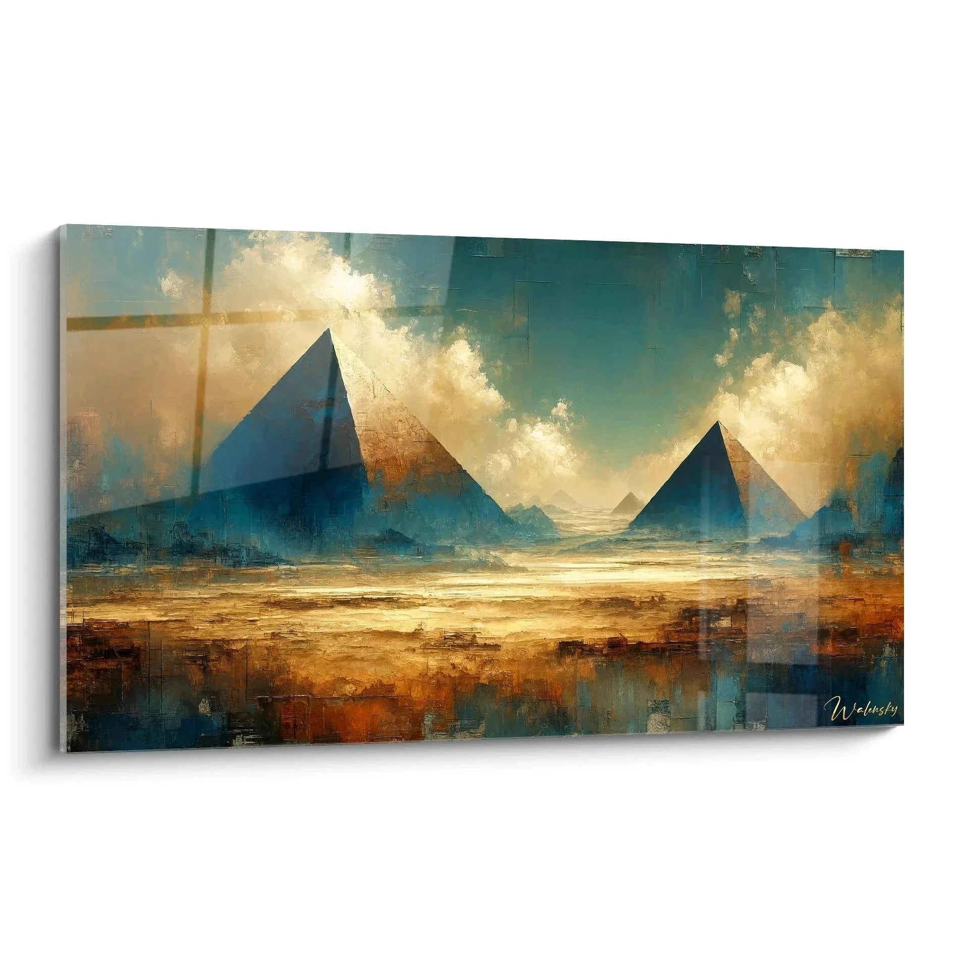 Wandbild Pyramiden abstrakt in mystischer Wüstenlandschaft mit goldenen Farbtönen