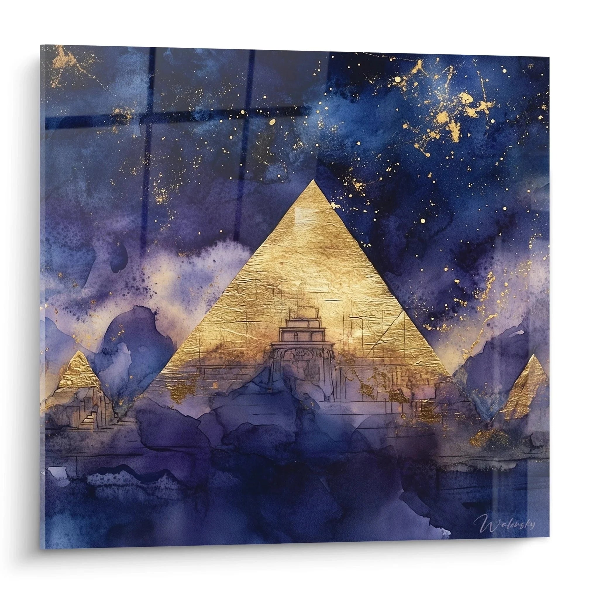 Wandbild Pyramiden mit goldenem Sternenhimmel - Ägyptische Wandkunst XXL in Blau und Gold