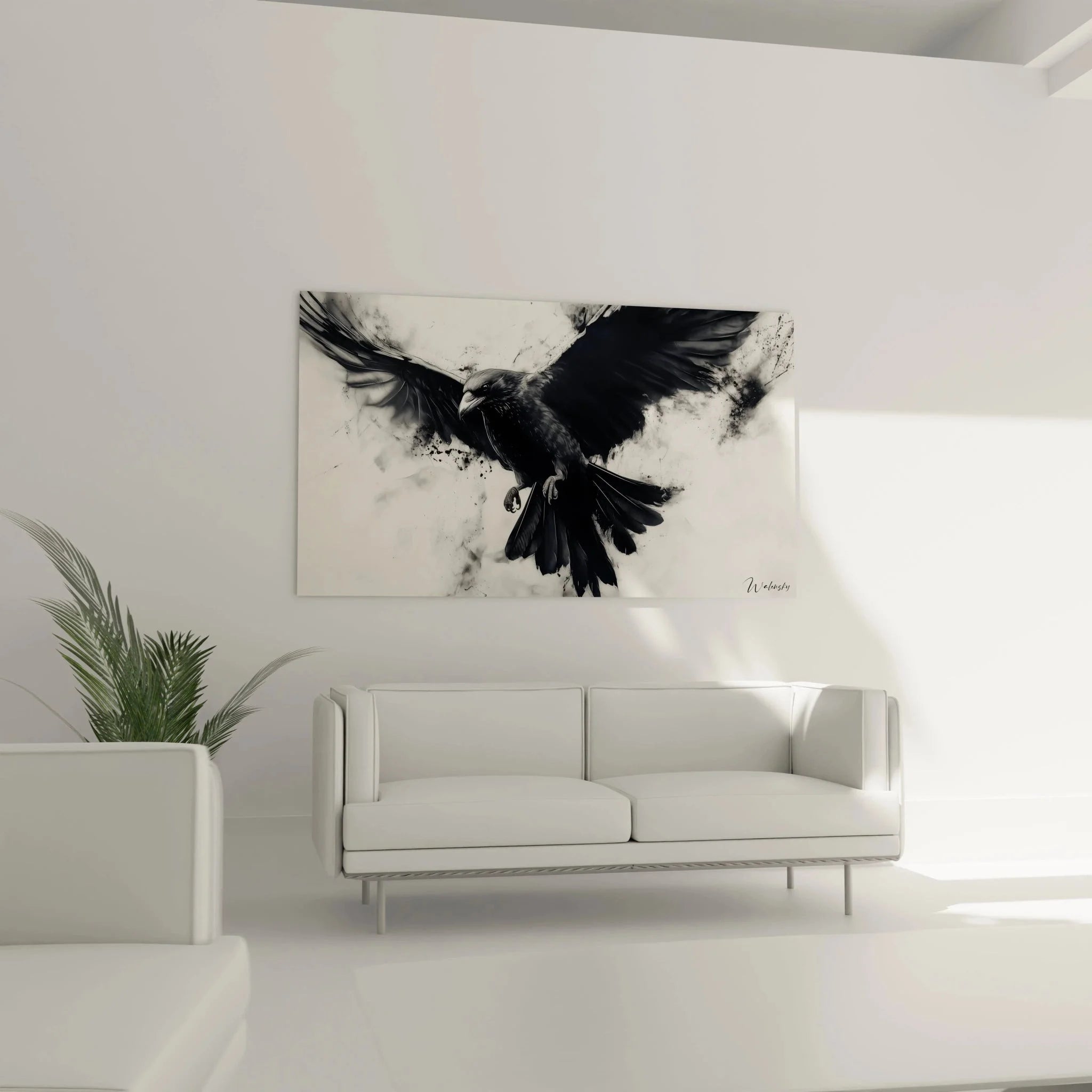 Detailansicht Wandbild Rabe zeigt kunstvolle Federstruktur und realistische Darstellung