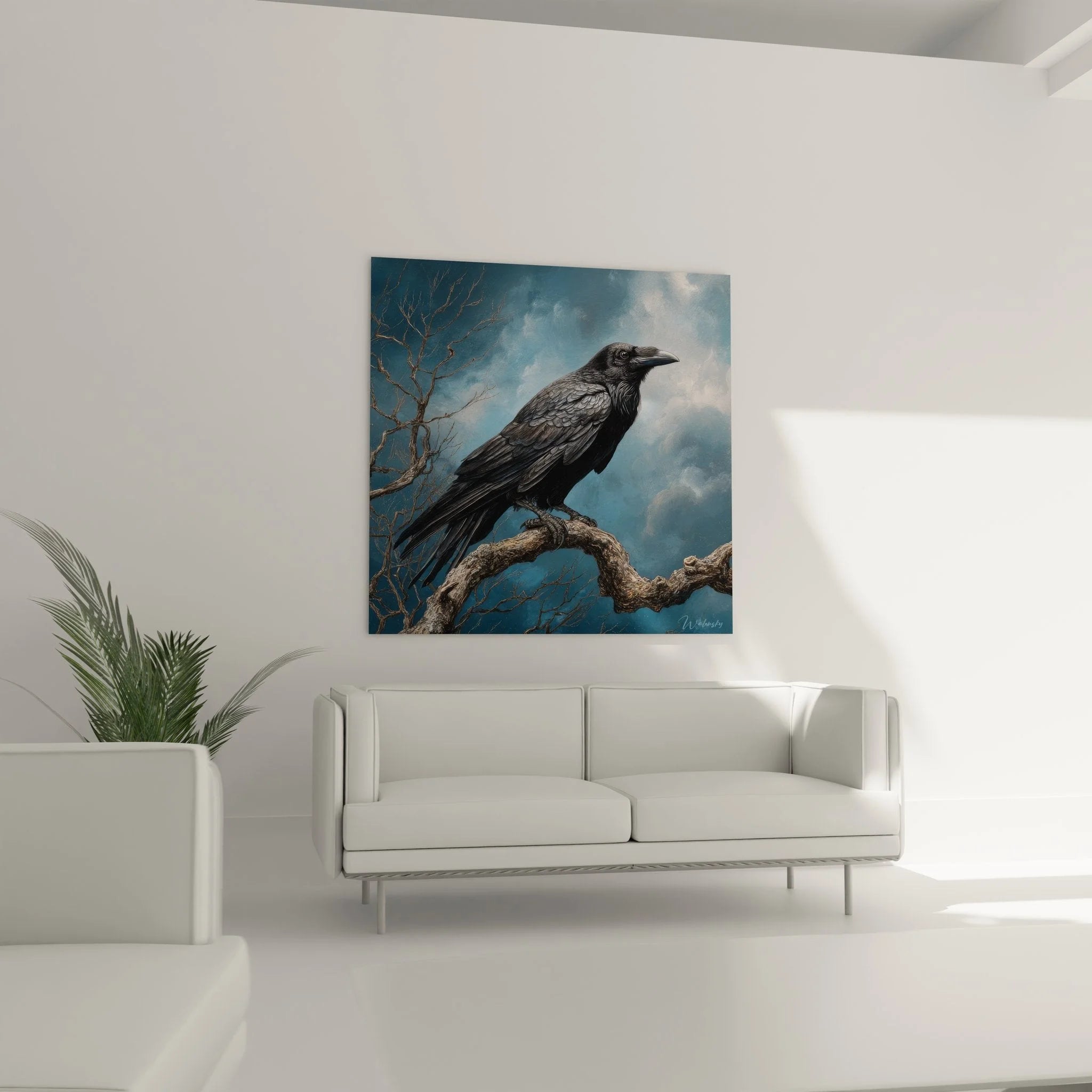 Detailansicht Wandbild Rabe - Nahaufnahme schwarzer Rabe auf Ast mit Federtextur