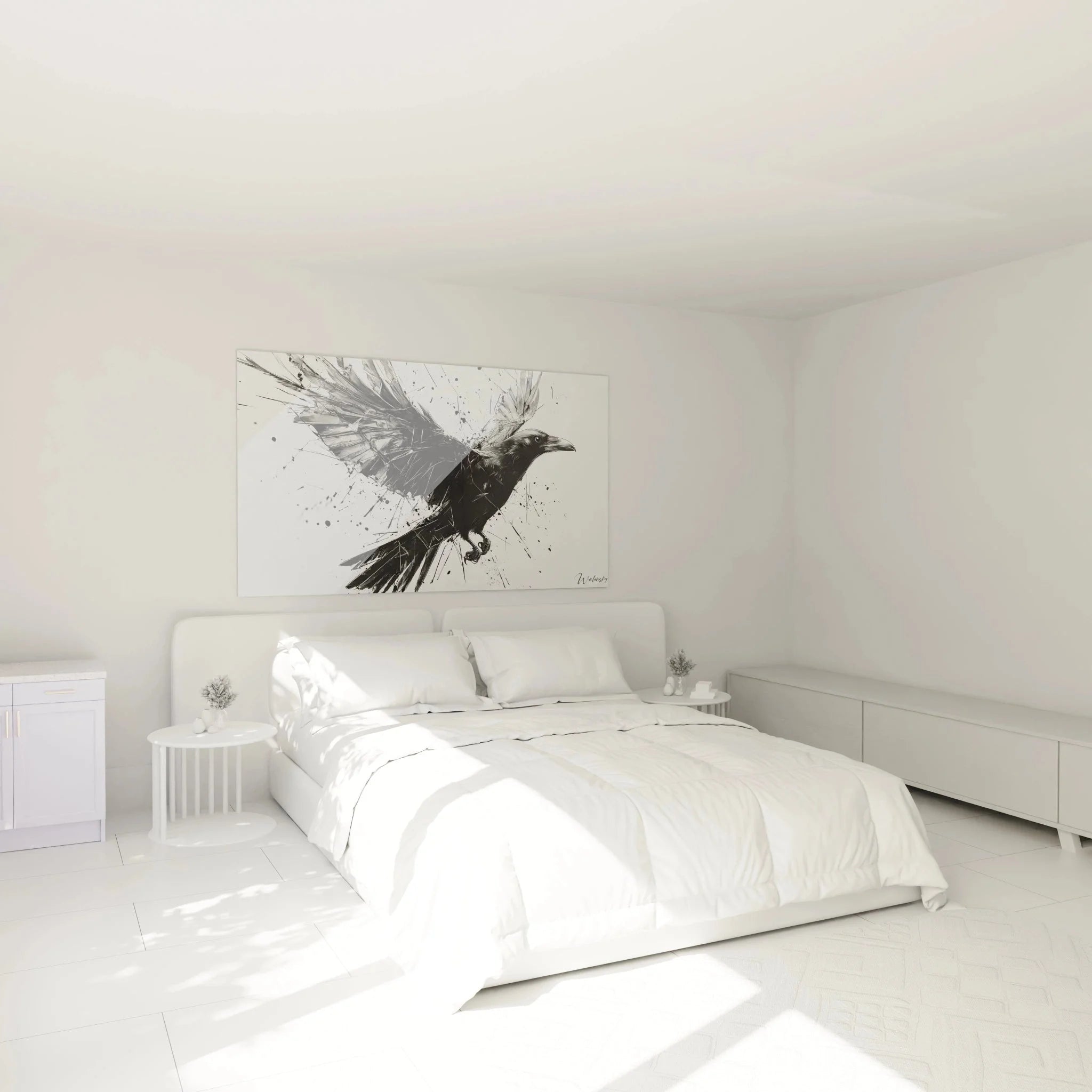 Wandbild Rabe im Flug als stilvolle Schlafzimmer Dekoration an weißer Wand
