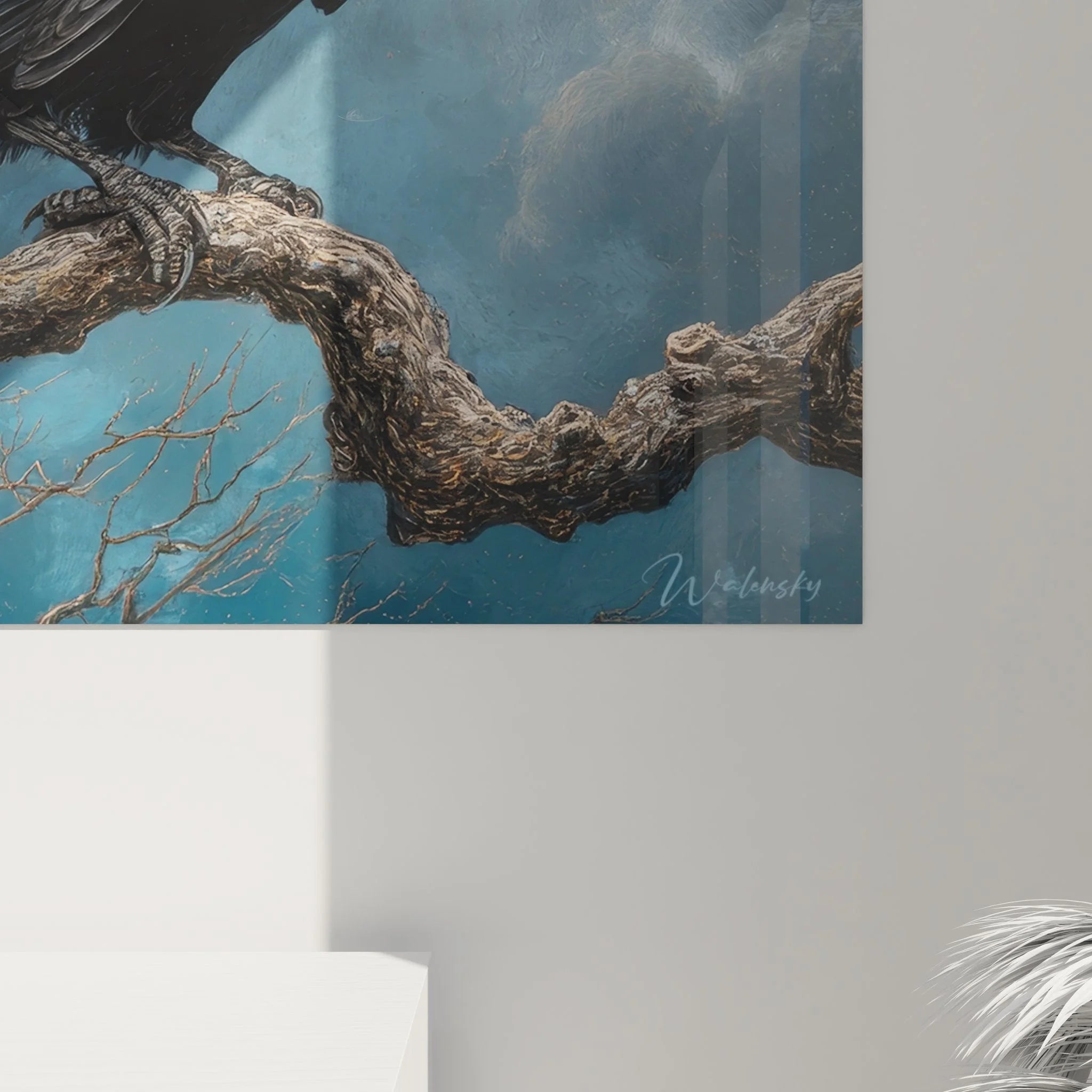 Gesamtansicht Wandbild Rabe XXL - Komplette Darstellung mystischer Rabe vor Wolkenhimmel