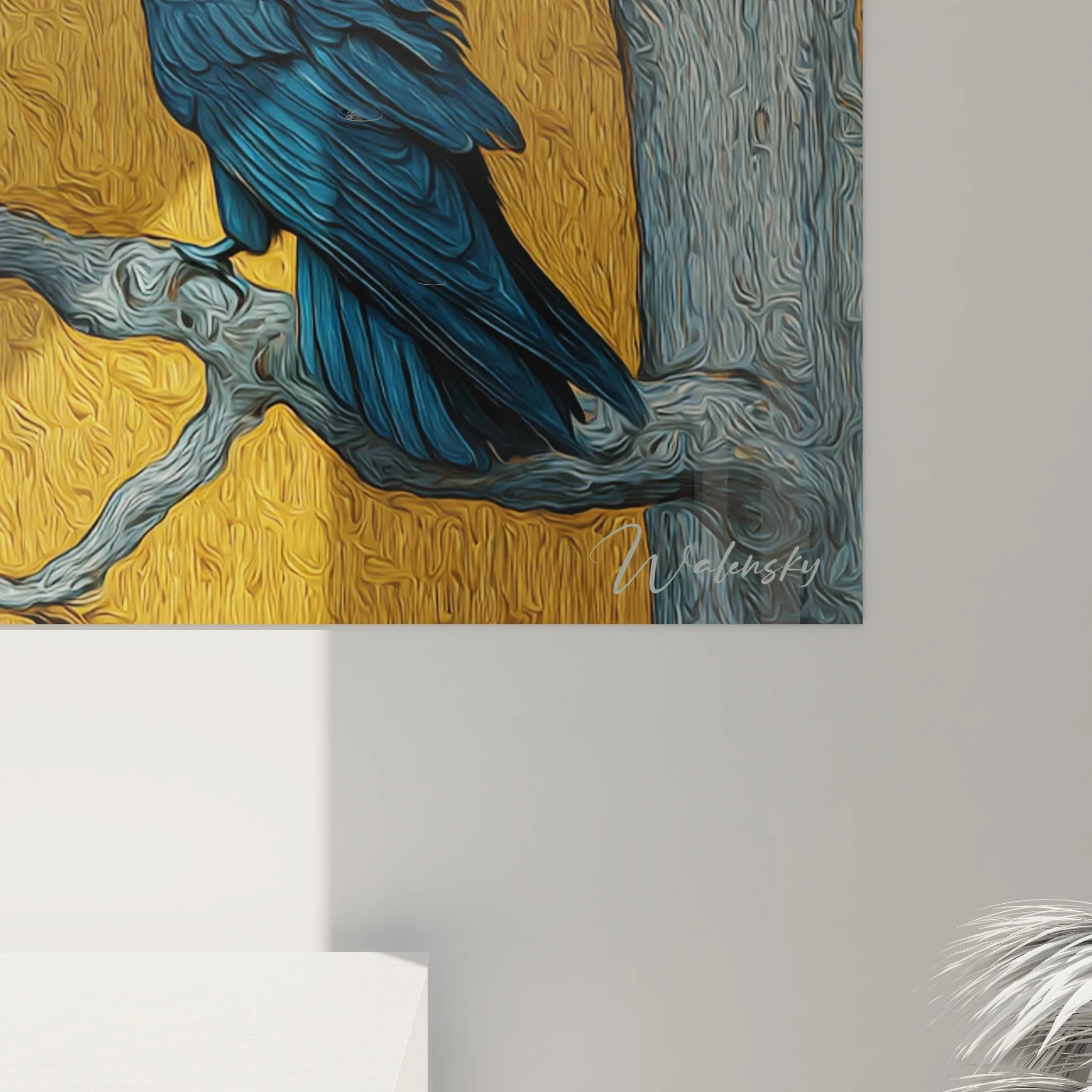 Gesamtansicht Wandbild Raben Paar in Wohnraum Ambiente als Wandschmuck