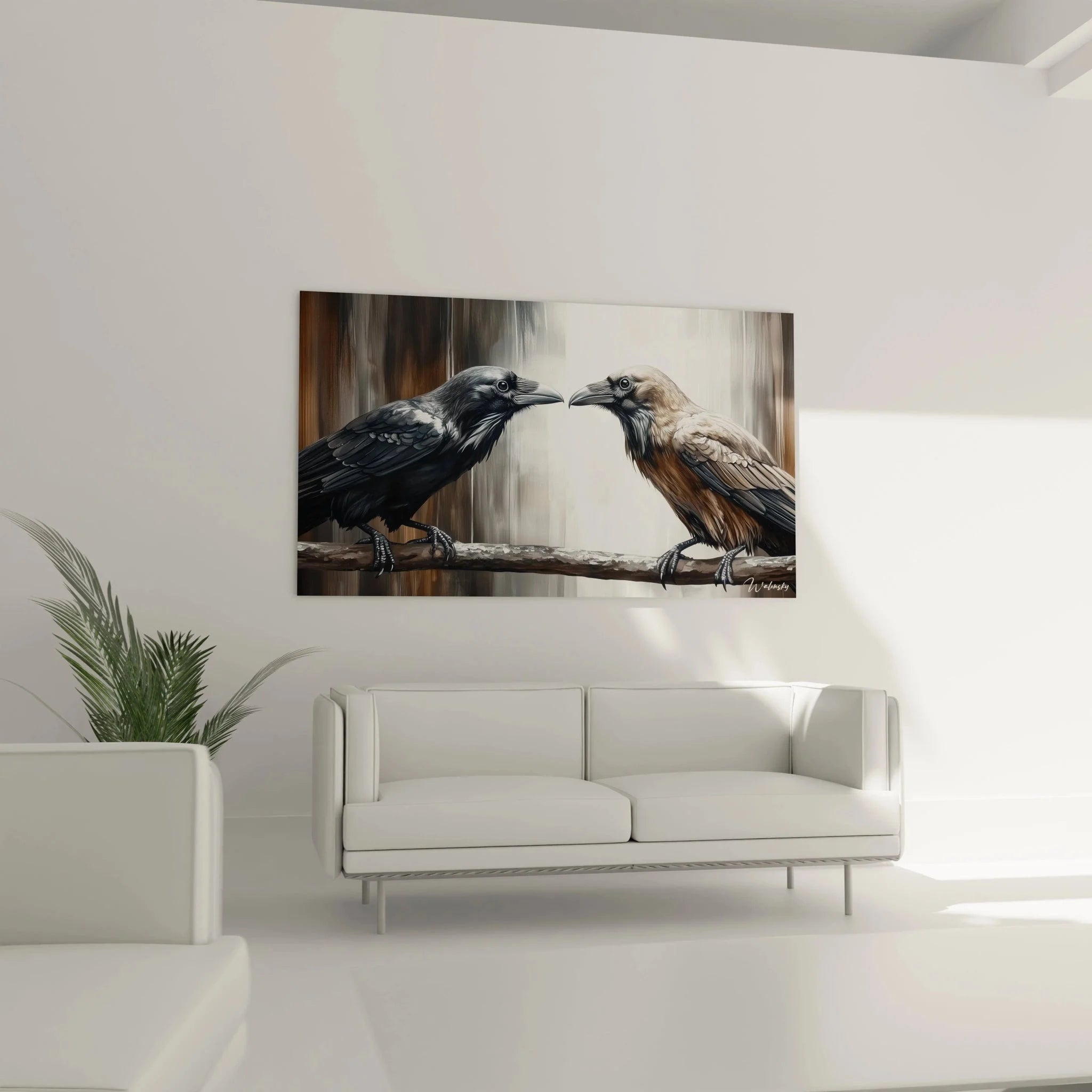 Detailansicht Wandbild Rabenpaar Federstruktur realistische Raben Malerei Closeup