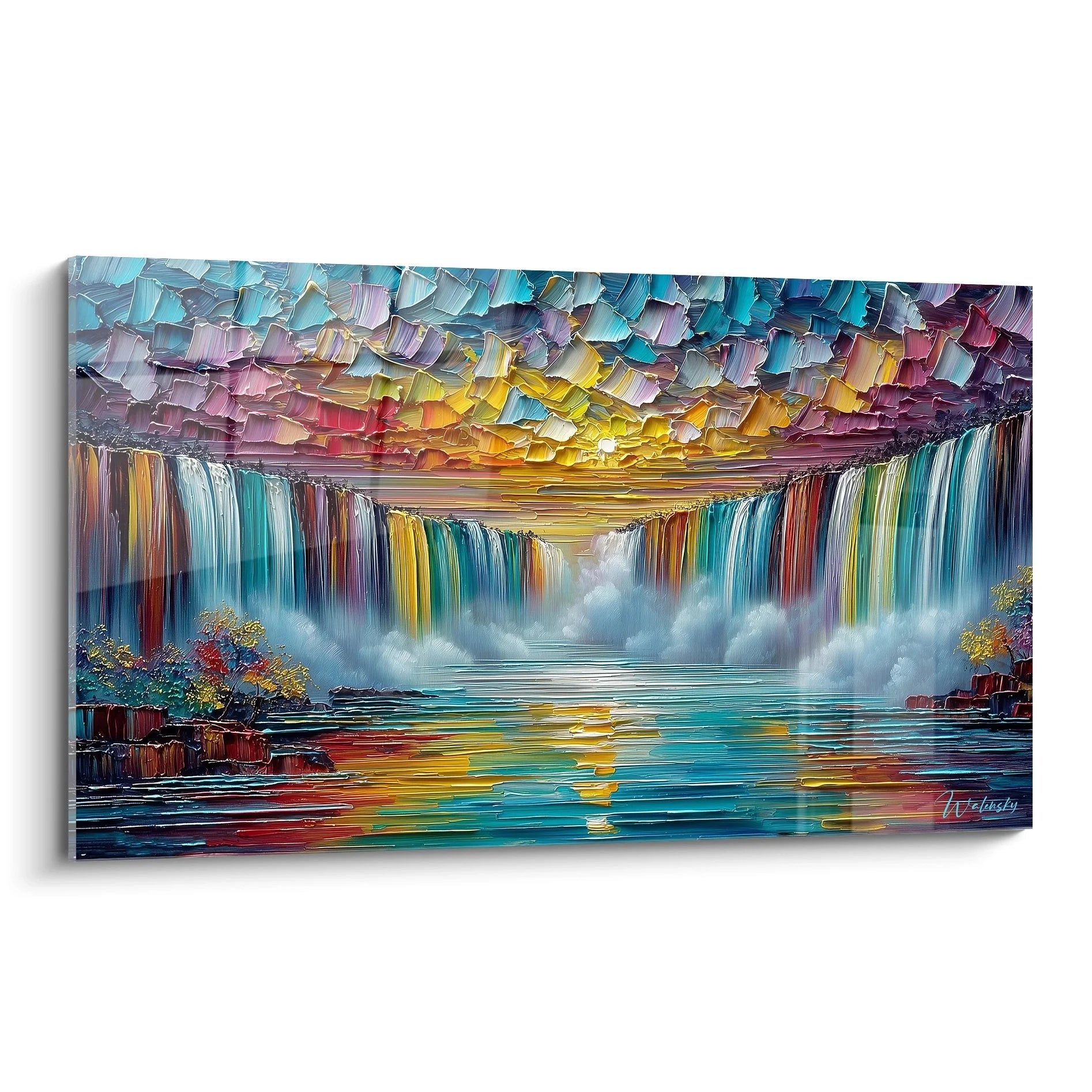 Wandbild Regenbogenwasserfall mit spektakulären bunten Farben und dramatischer Kaskade für moderne Wanddekoration