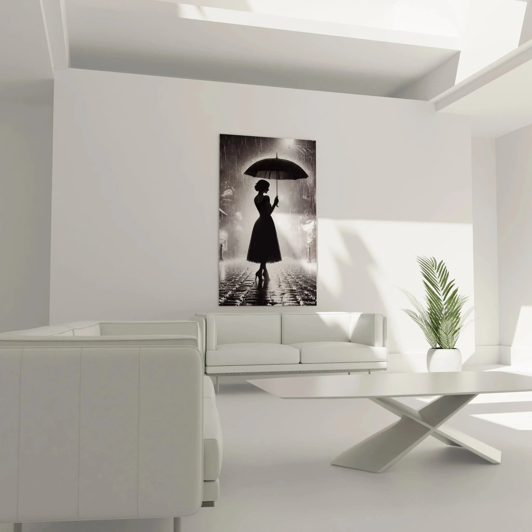 Wandbild Frau mit Regenschirm in elegantem Schlafzimmer - Schwarz-weiß Fotografie als Wanddekoration