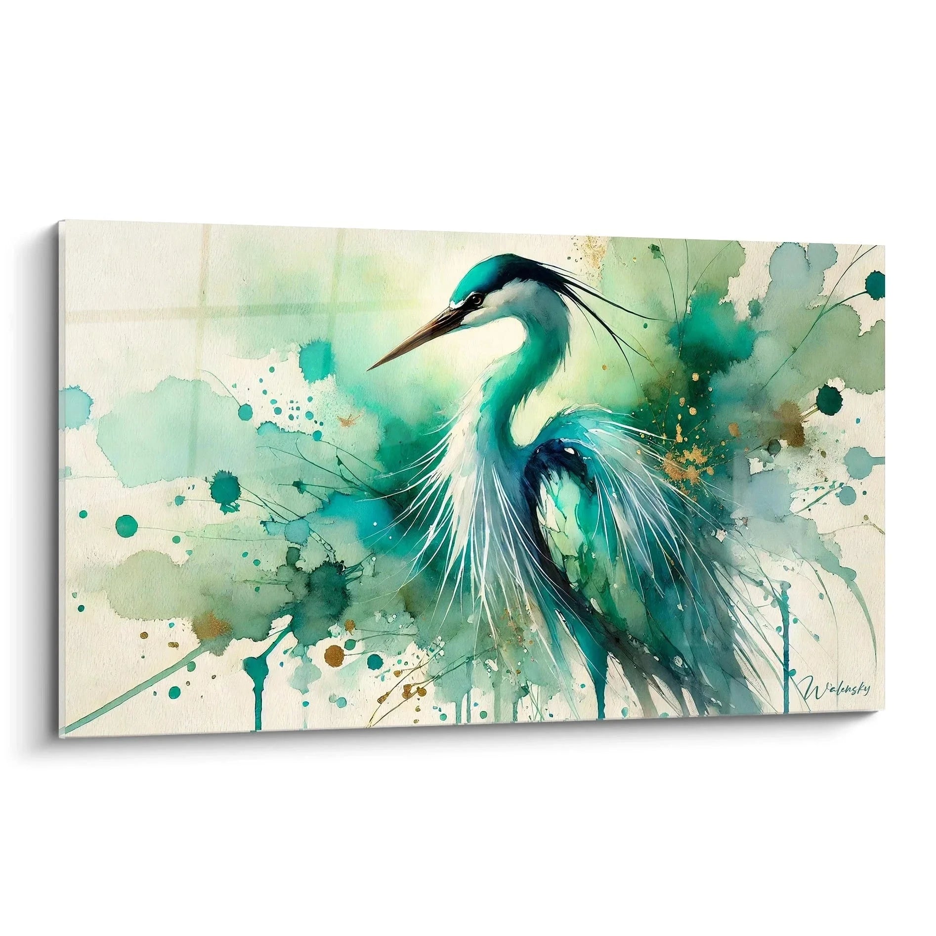 Wandbild Reiher Aquarell in türkis-grünen Tönen mit Spritzer-Effekten, moderne Vogel-Wanddekoration