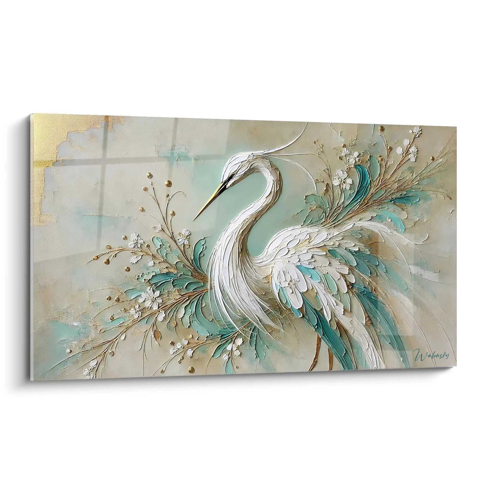 Wandbild Reiher mit floralen Elementen in Mint und Gold Tönen - elegante Vogel Wandkunst