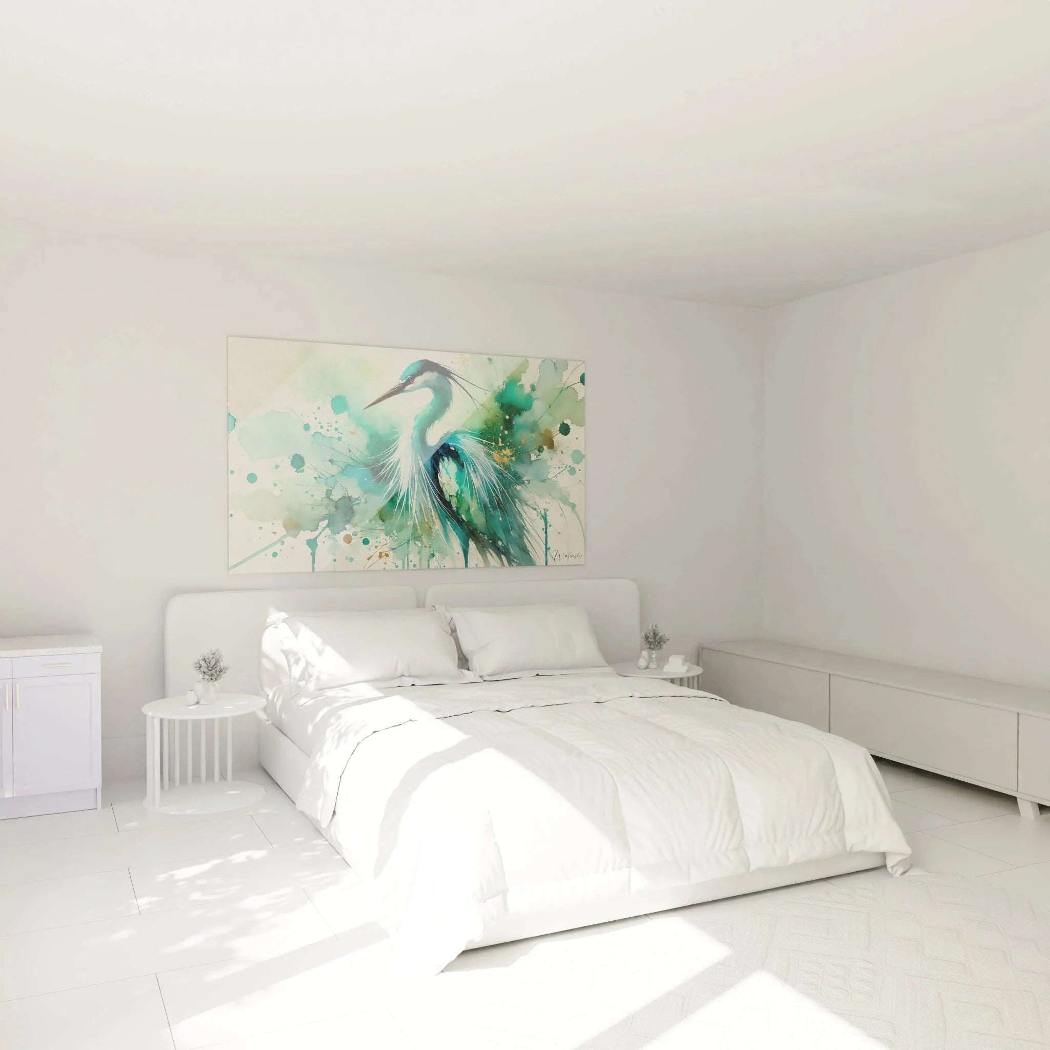 Wandbild Reiher Aquarell im Schlafzimmer, türkise Wanddekoration über dem Bett, beruhigende Atmosphäre