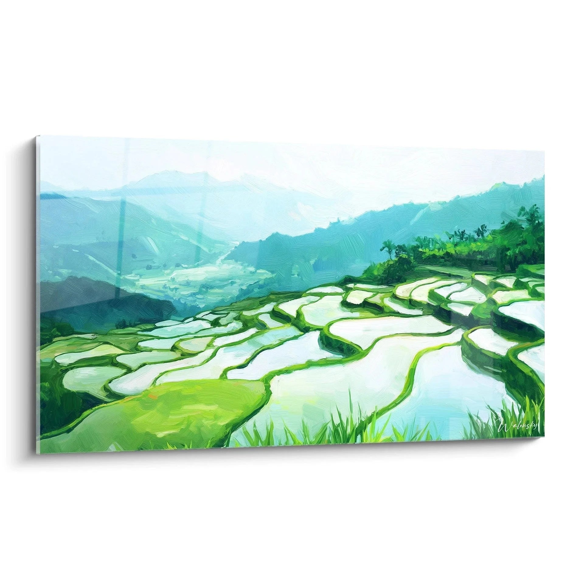 Wandbild Reisterrassen in grüner asiatischer Berglandschaft mit Wasserflächen und nebligen Bergen