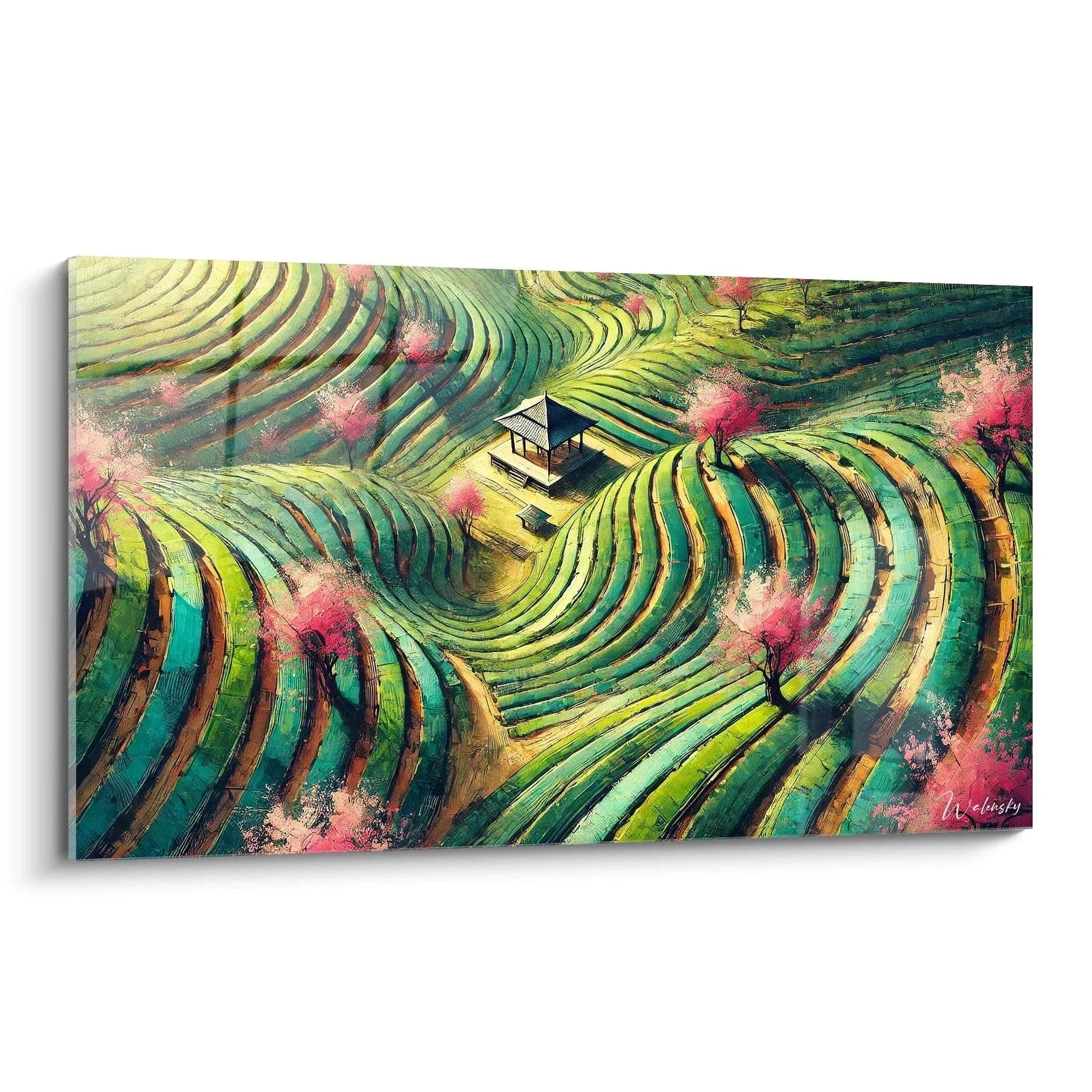 Wandbild Reisterrassen Japan mit Sakura Kirschblüten und traditionellem Haus in grüner Landschaft