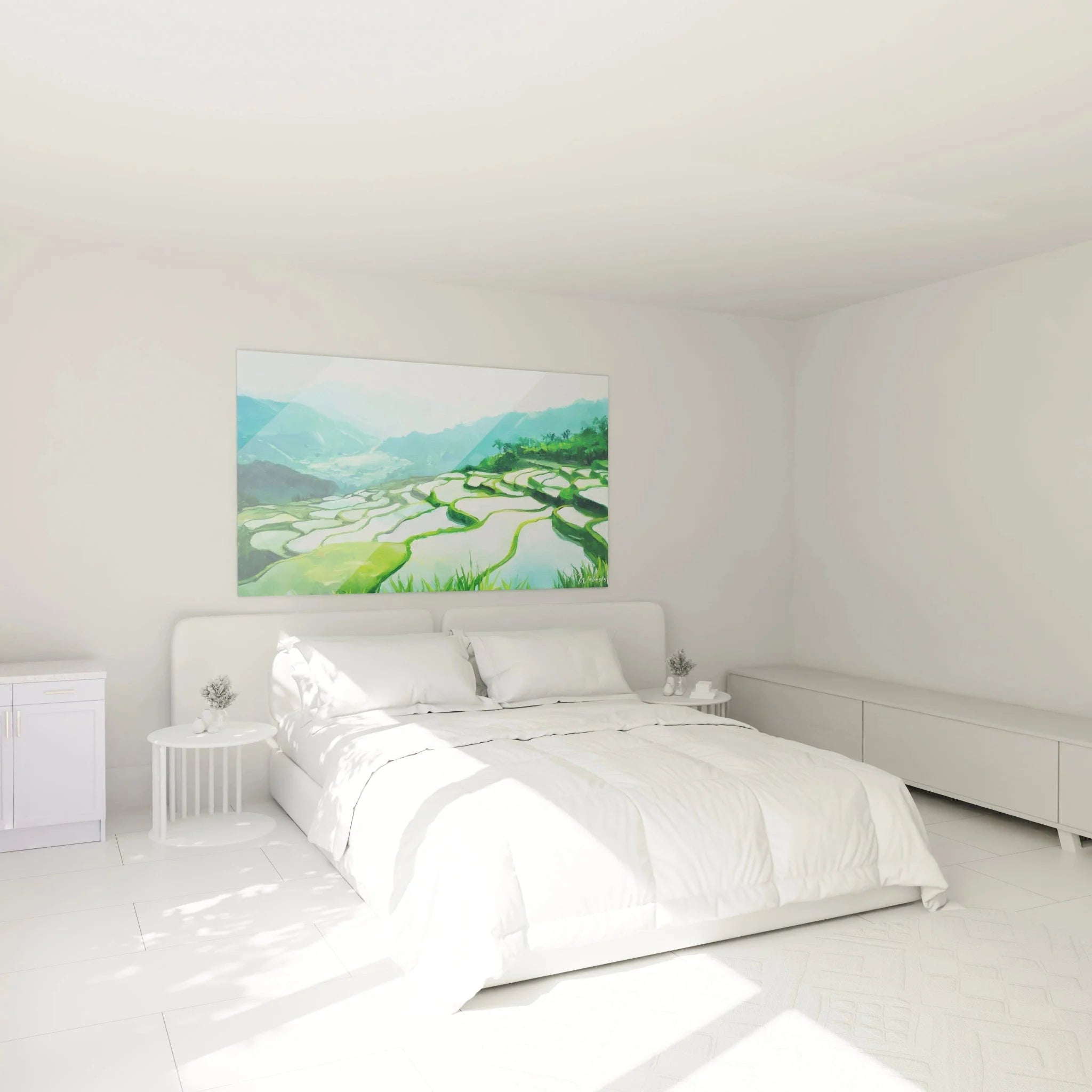 Wandbild Reisterrassen Berglandschaft als Schlafzimmer Dekoration über dem Bett hängend