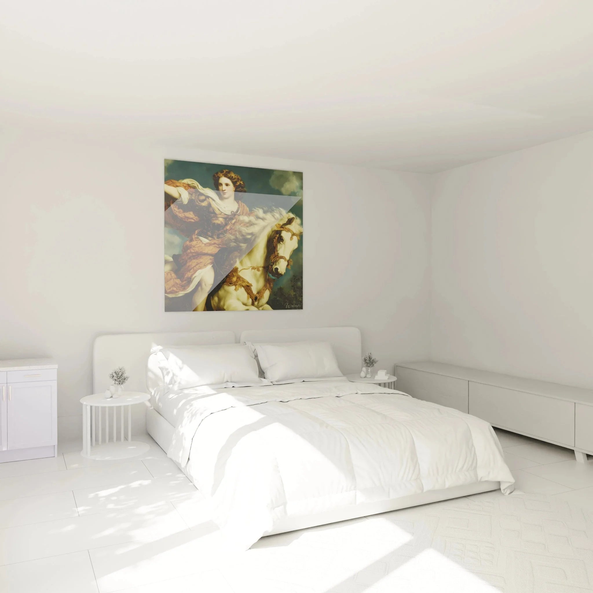 Elegantes Wandbild Reiterin Neoklassizismus in modernem Schlafzimmer als stilvolle Wanddekoration
