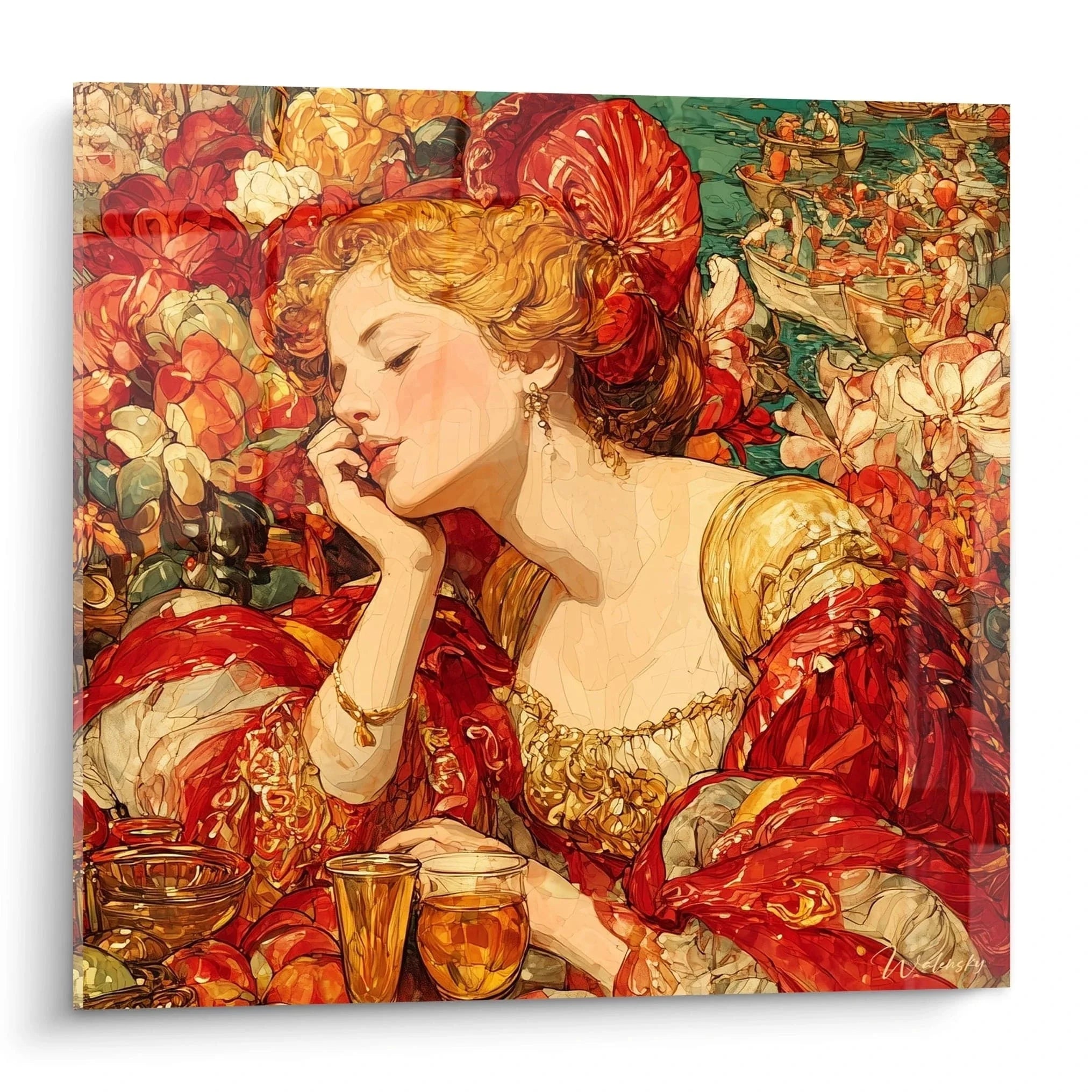 Wandbild Renaissance Dame mit roten Blumen italienische Kunst Wanddekoration