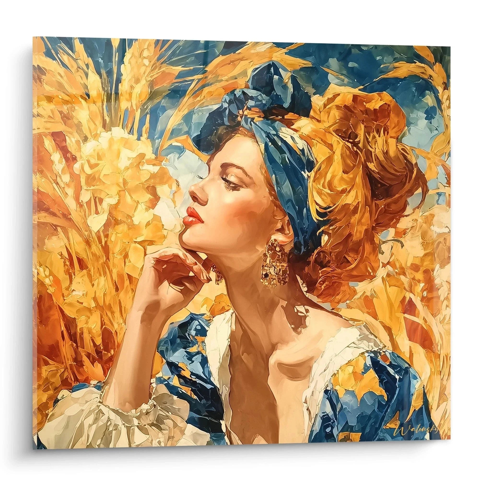 Wandbild Renaissance Dame mit goldenen Locken und blauem Kopfschmuck in warmen Farbtönen